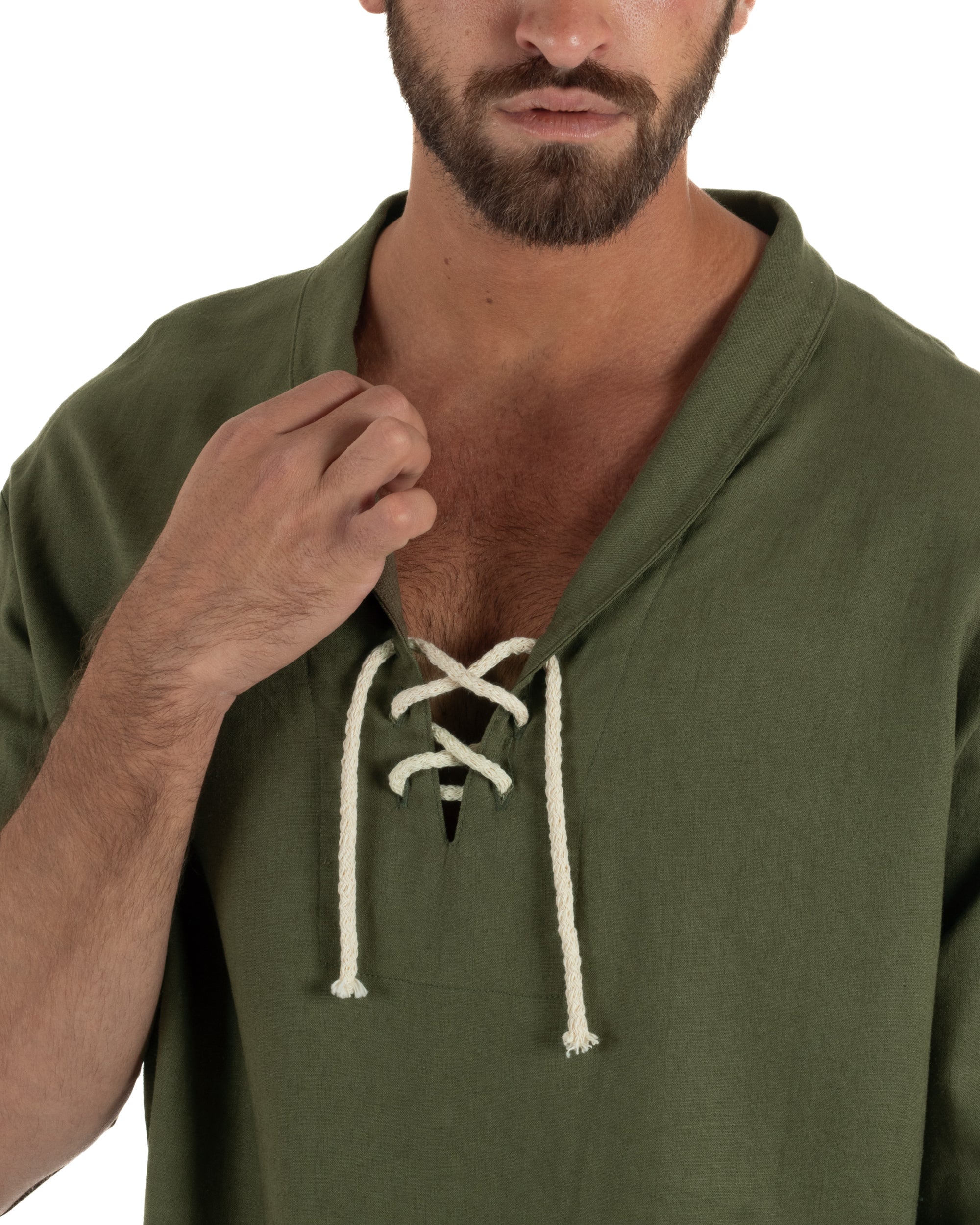 Camicia lino casacca maniche 3/4 scollo lacci verde GIOSAL-C3093A
