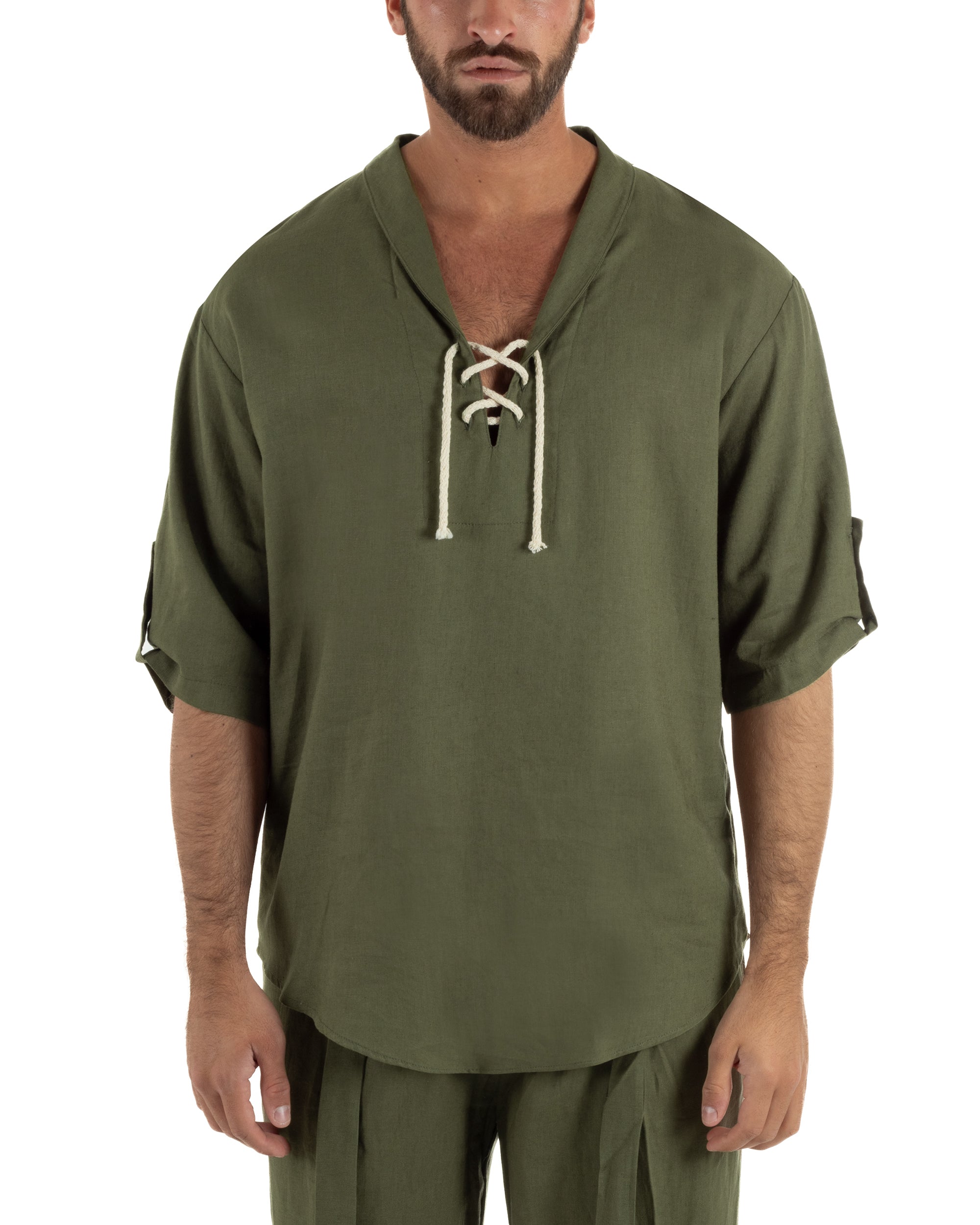 Camicia lino casacca maniche 3/4 scollo lacci verde GIOSAL-C3093A