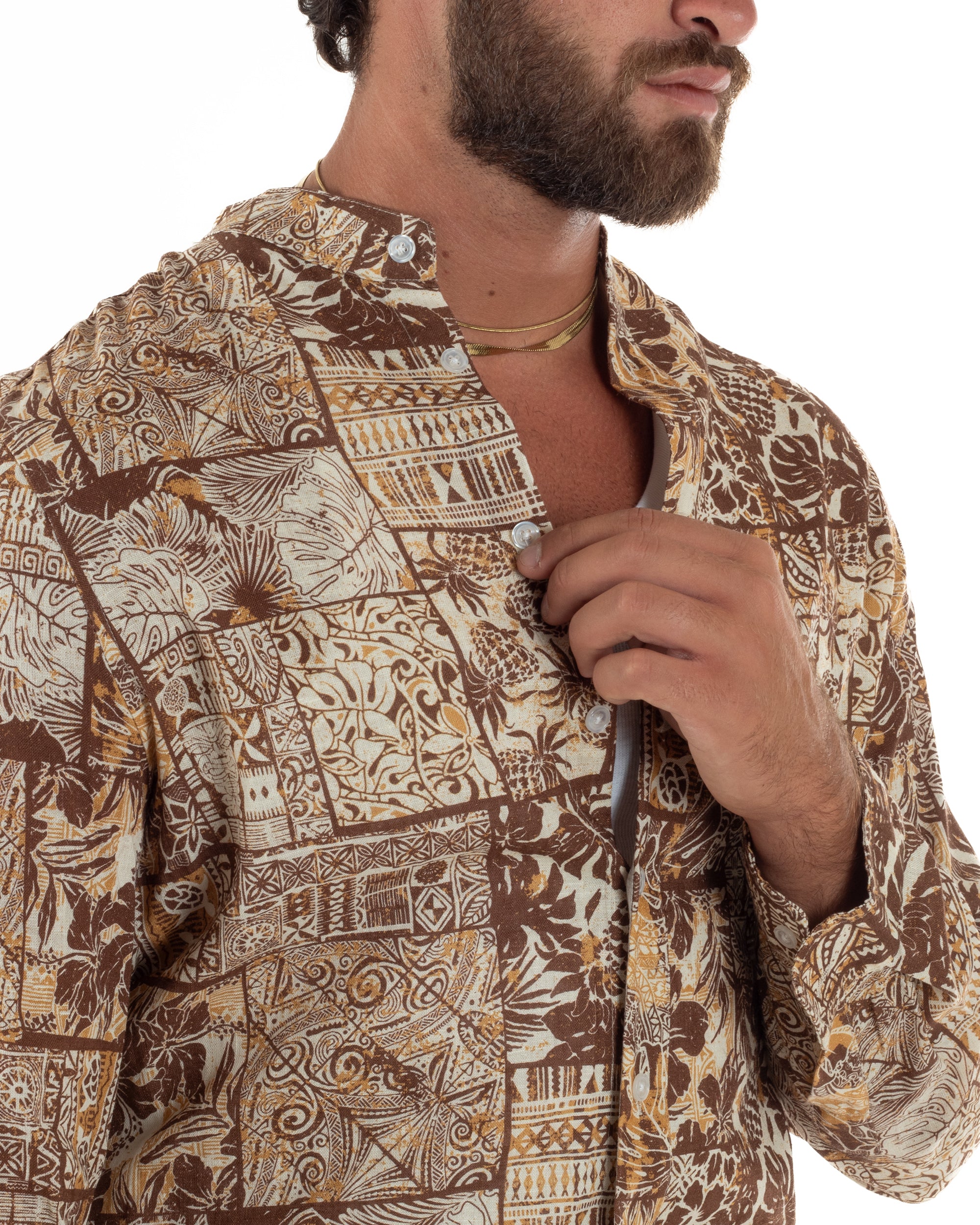 Camicia uomo lino patchwork etnico collo coreano beige GIOSAL-C3095A