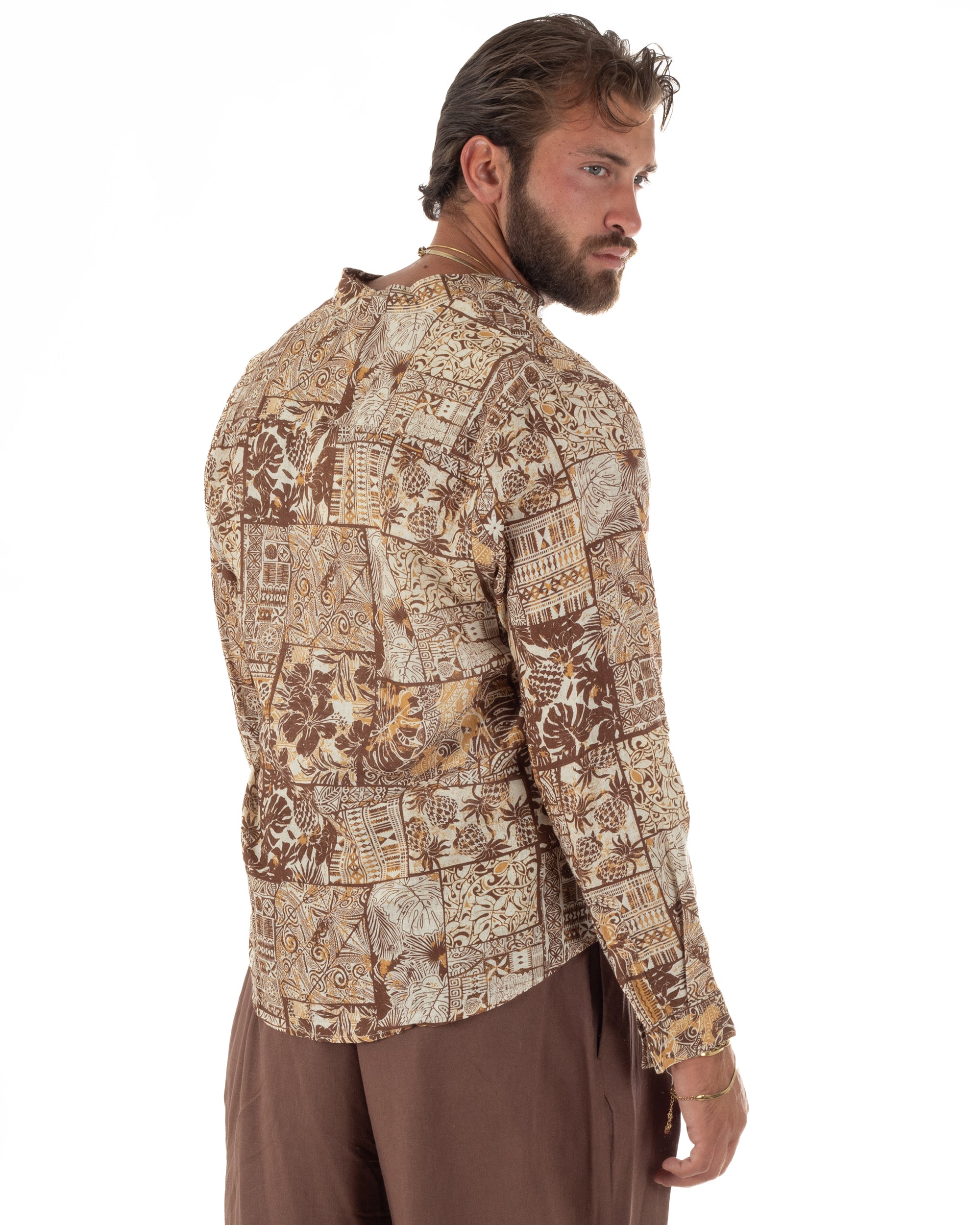 Camicia uomo lino patchwork etnico collo coreano beige GIOSAL-C3095A