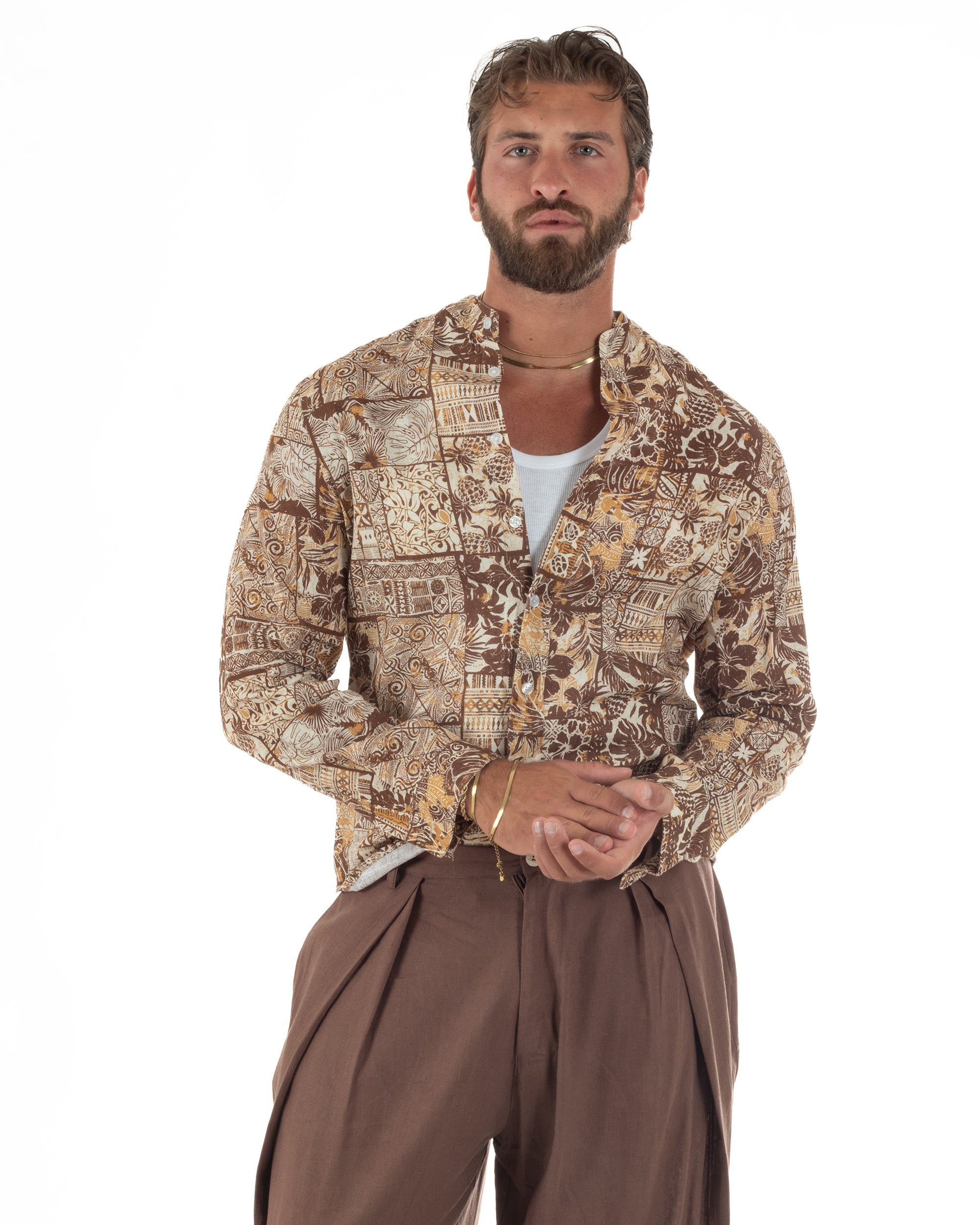 Camicia uomo lino patchwork etnico collo coreano beige GIOSAL-C3095A