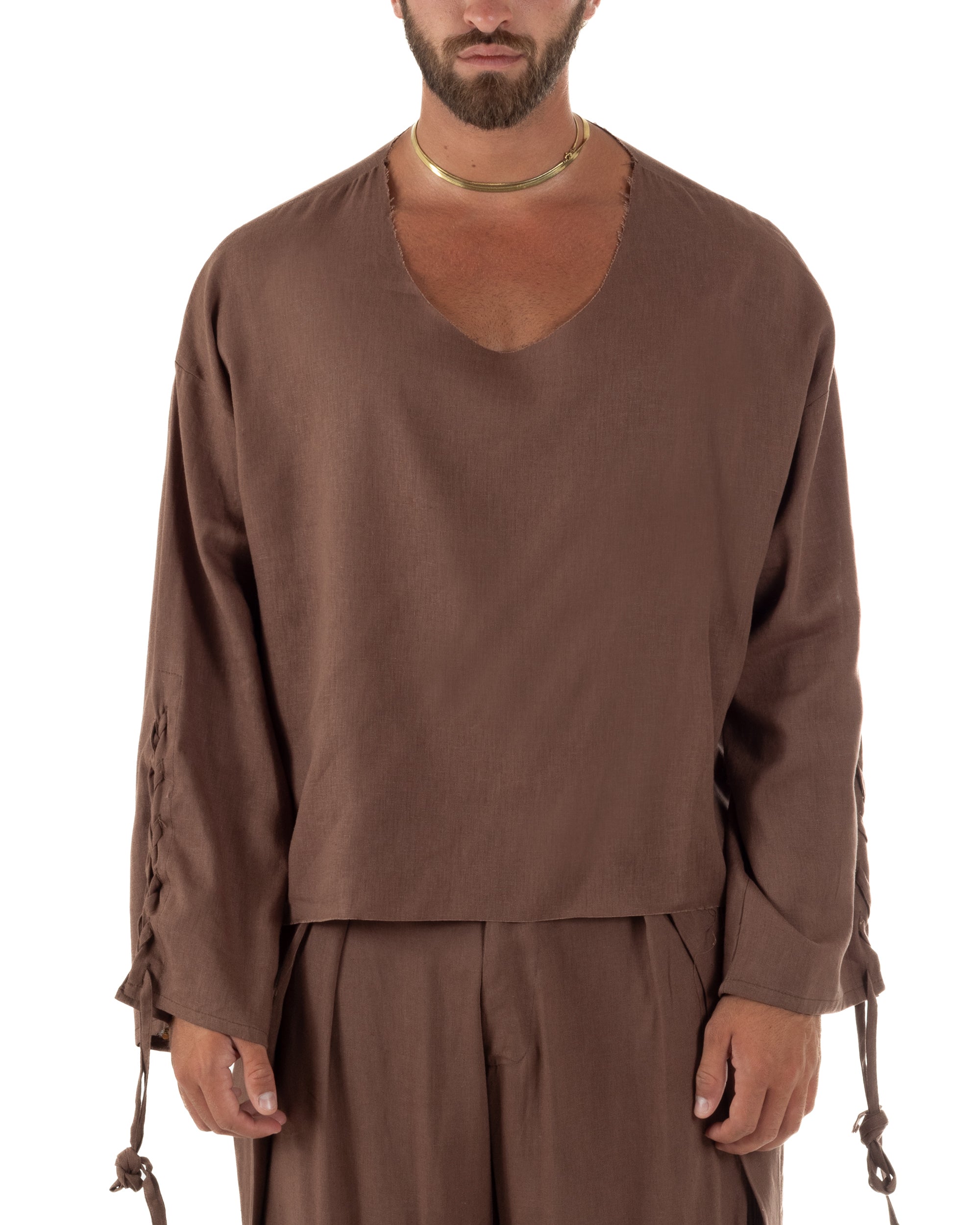 Camicia uomo casacca girocollo crop lino over fit taglio vivo marrone GIOSAL-C3096A