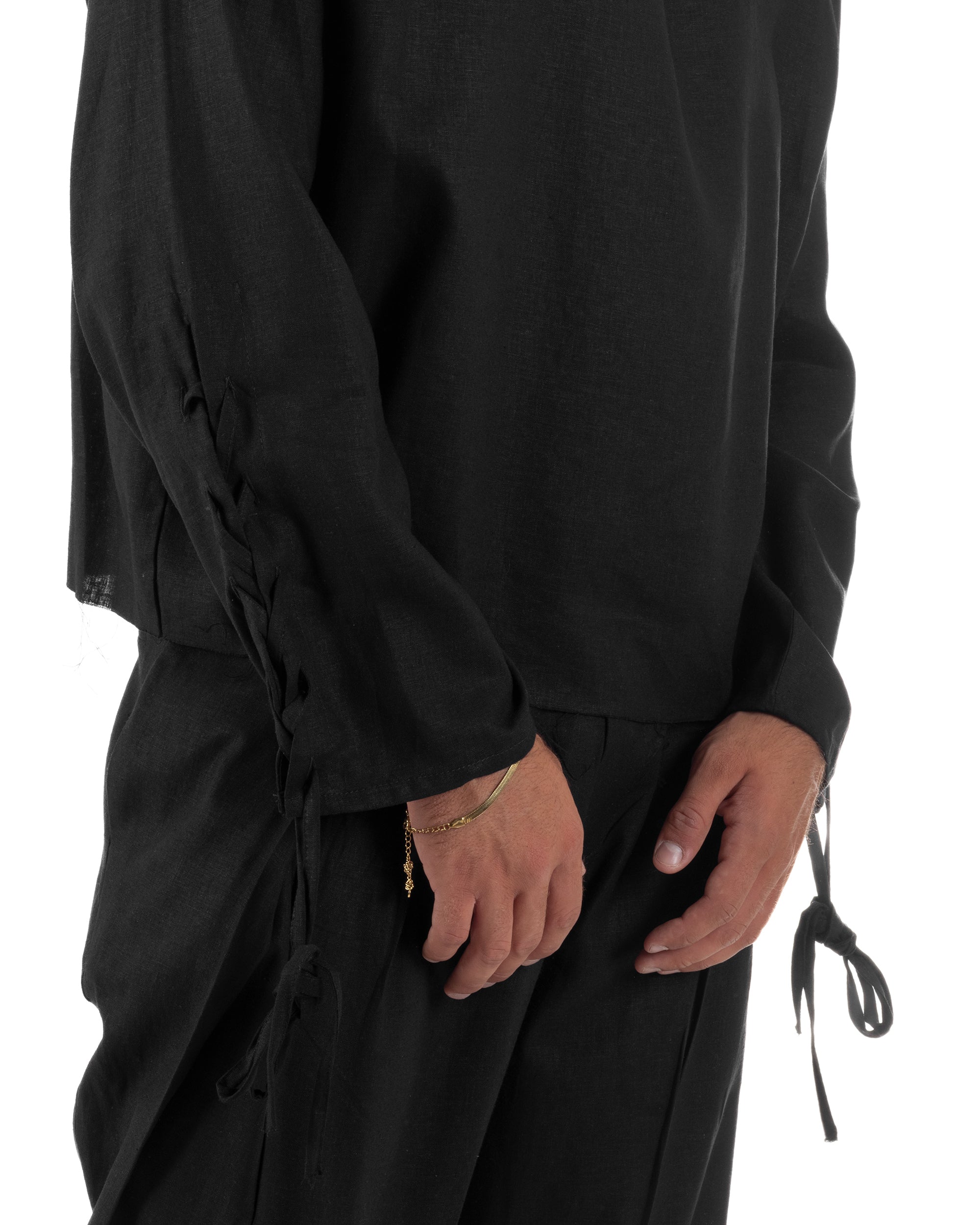 Camicia uomo casacca girocollo crop lino over fit taglio vivo nero GIOSAL-C3097A