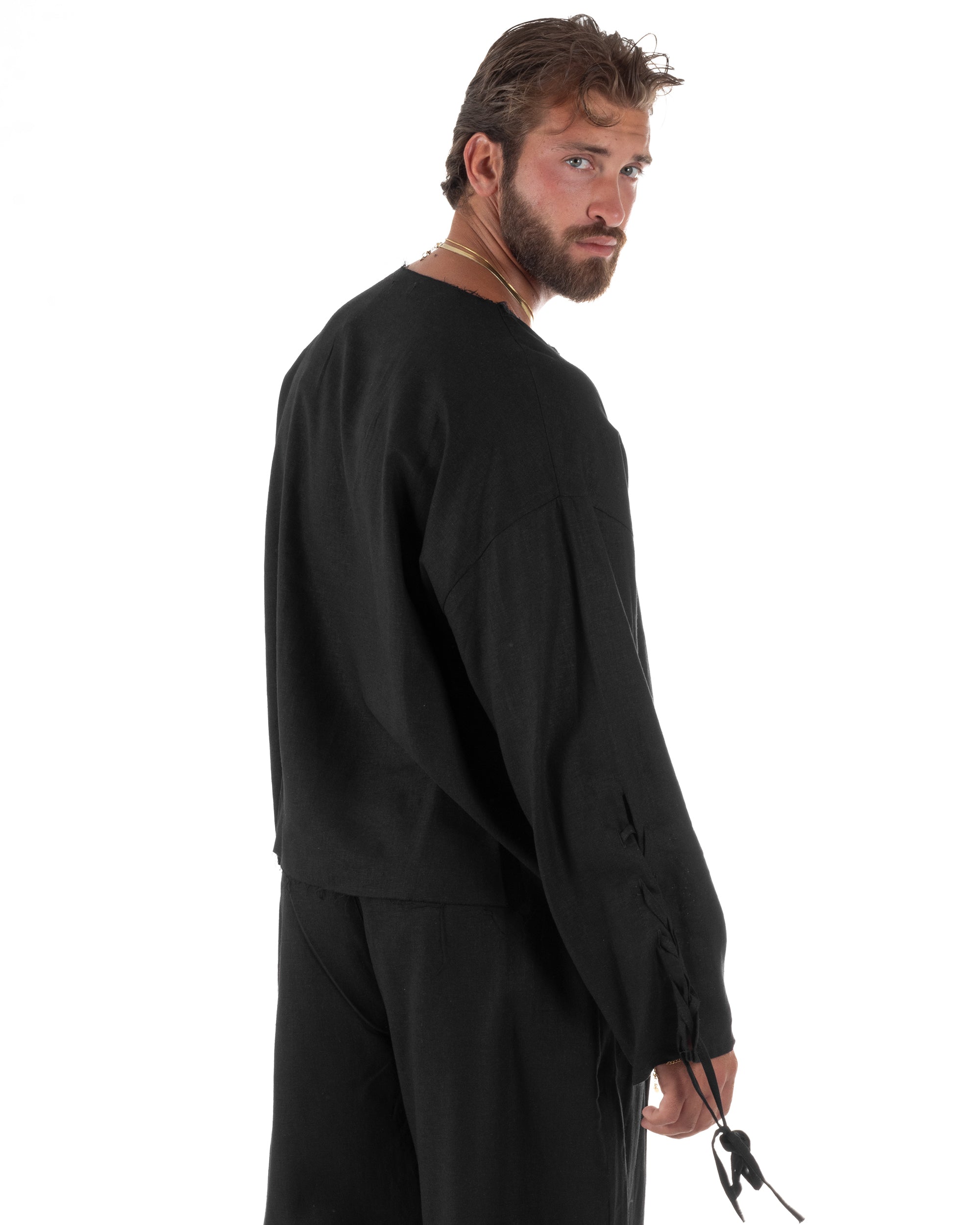 Camicia uomo casacca girocollo crop lino over fit taglio vivo nero GIOSAL-C3097A
