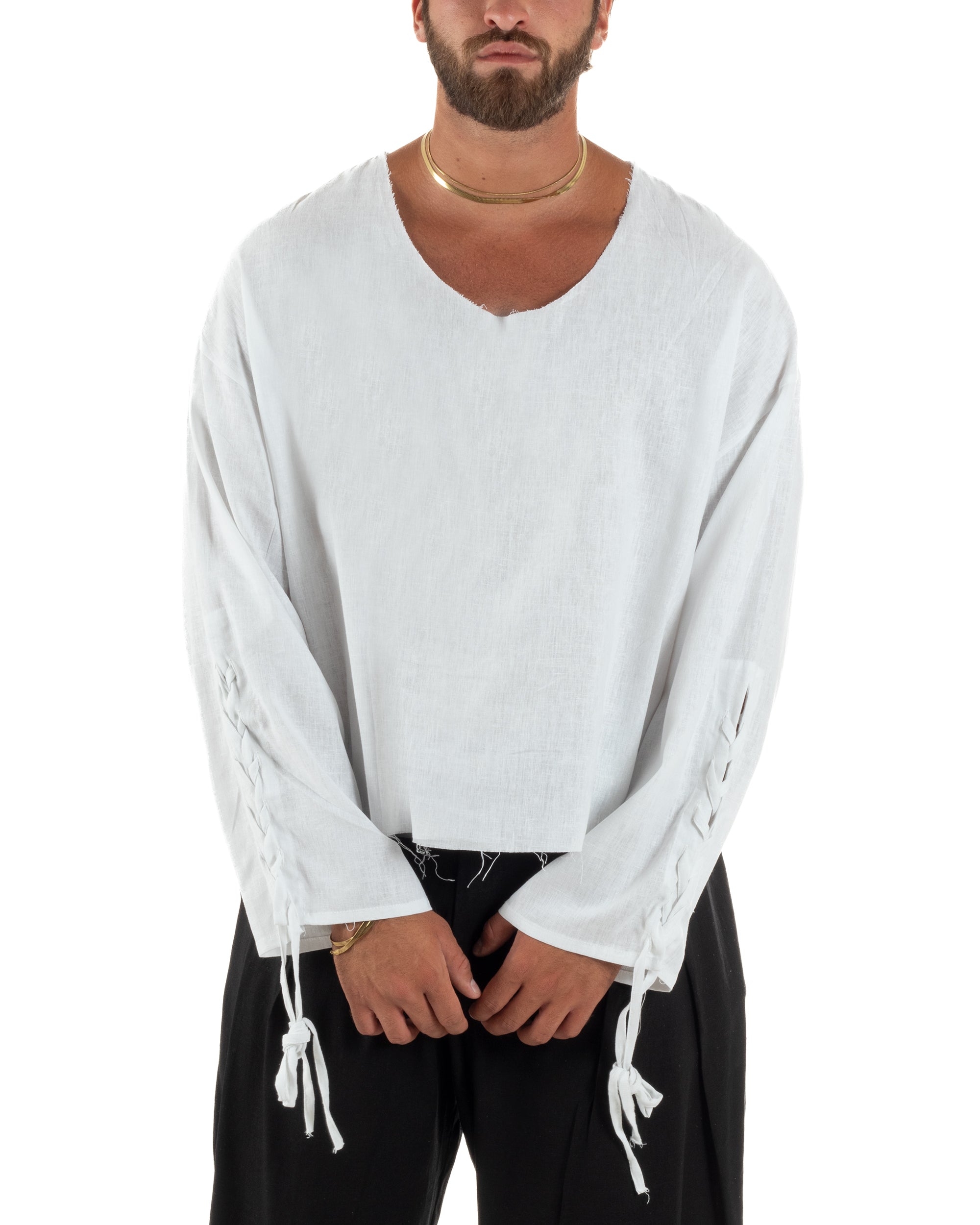 Camicia uomo casacca girocollo crop lino over fit taglio vivo bianco GIOSAL-C3098A