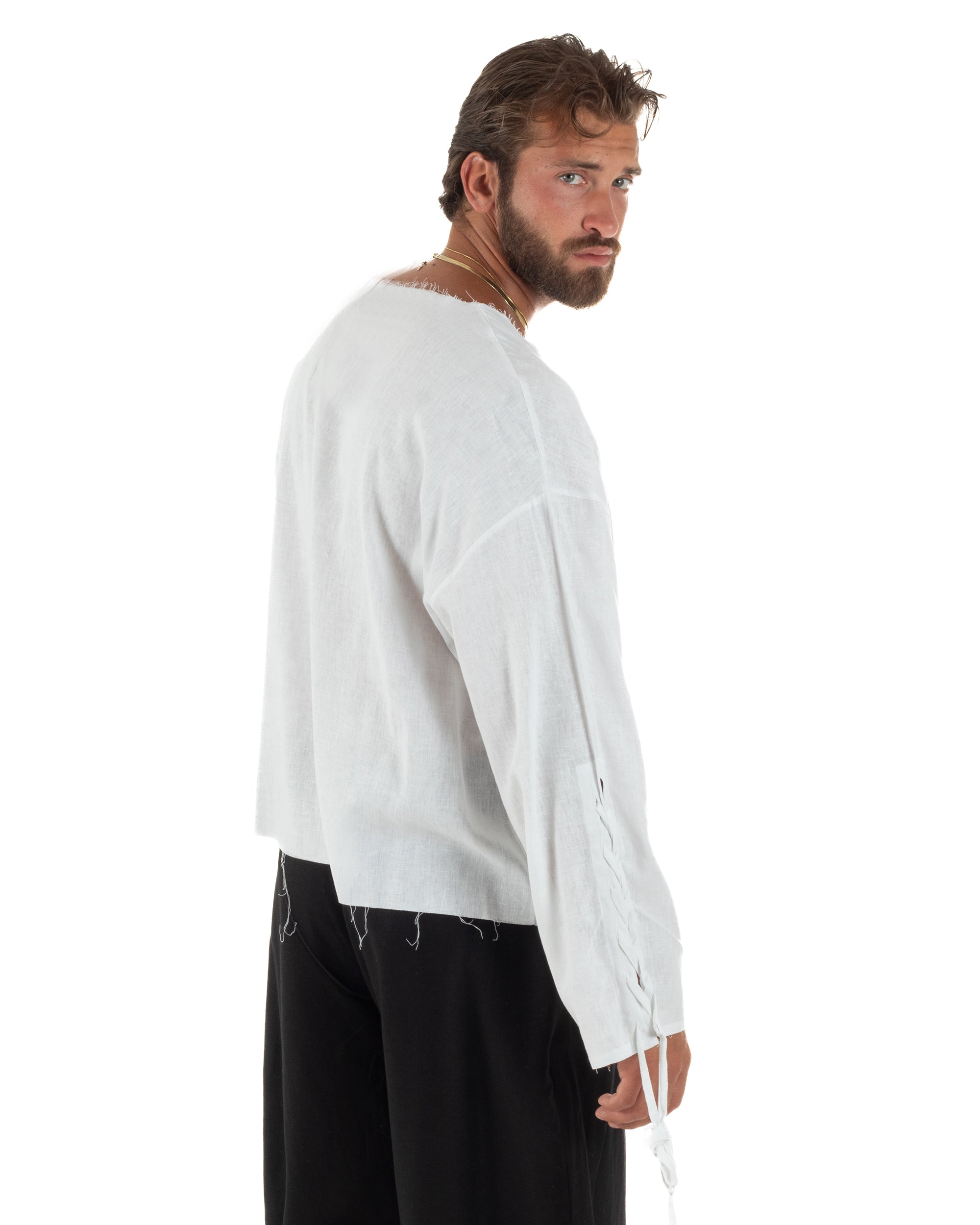 Camicia uomo casacca girocollo crop lino over fit taglio vivo bianco GIOSAL-C3098A