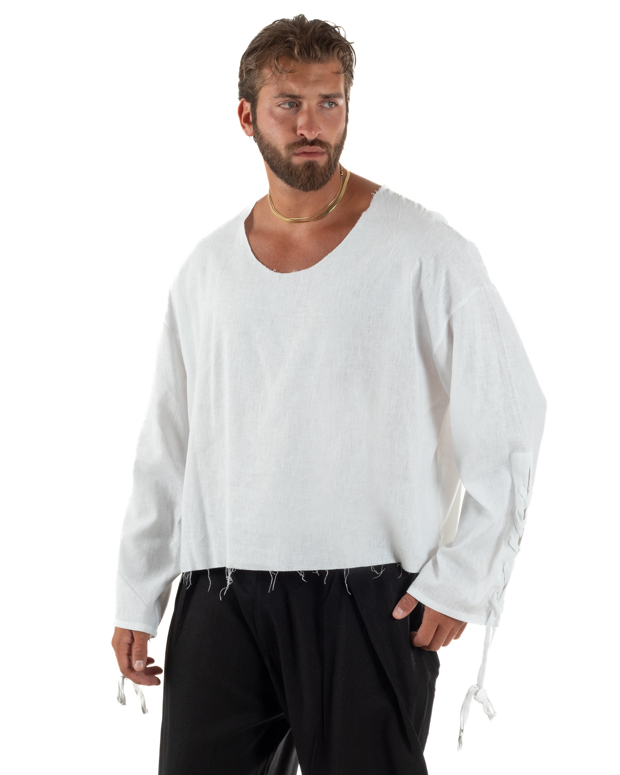 Camicia uomo casacca girocollo crop lino over fit taglio vivo bianco GIOSAL-C3098A