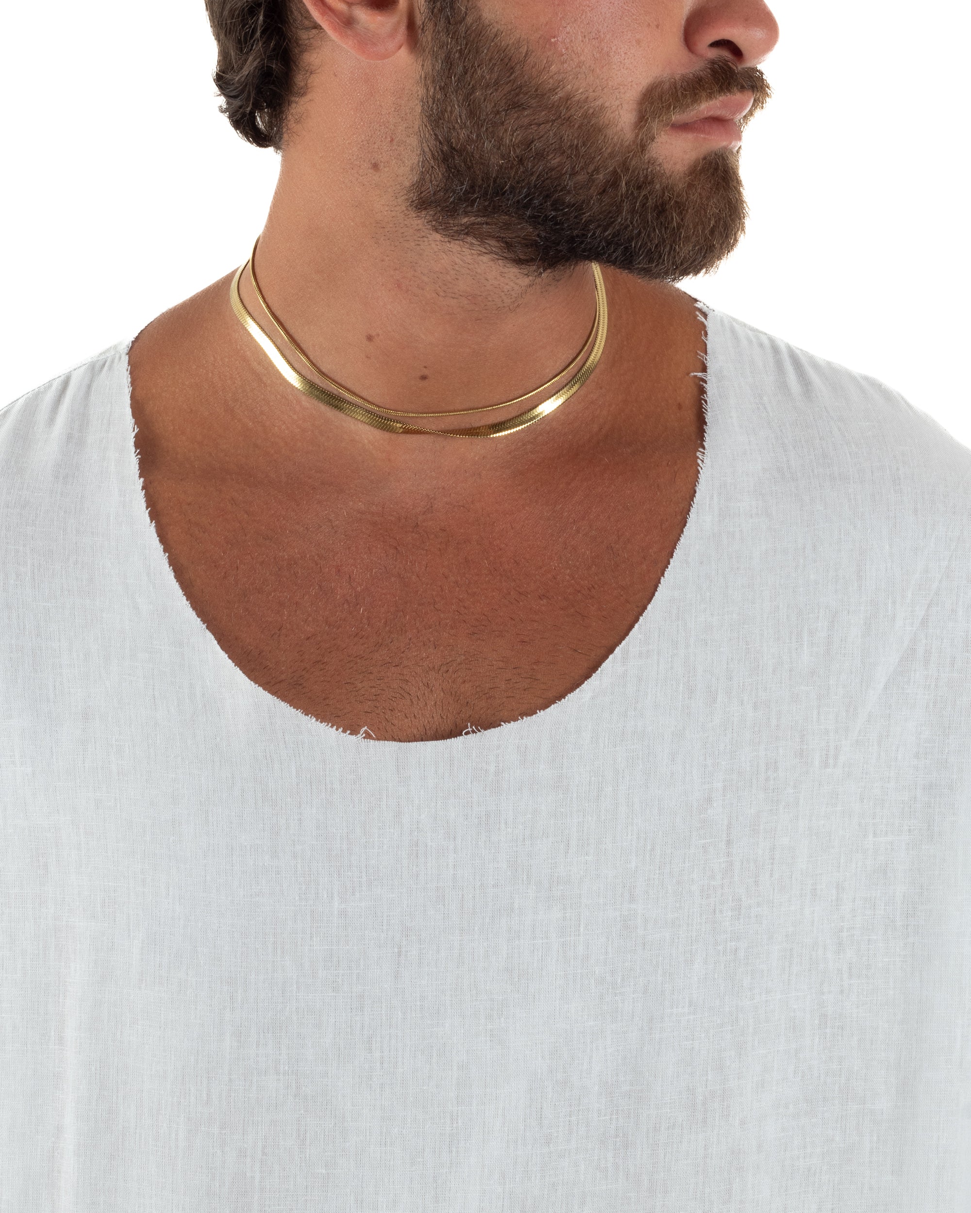 Camicia uomo casacca girocollo crop lino over fit taglio vivo bianco GIOSAL-C3098A