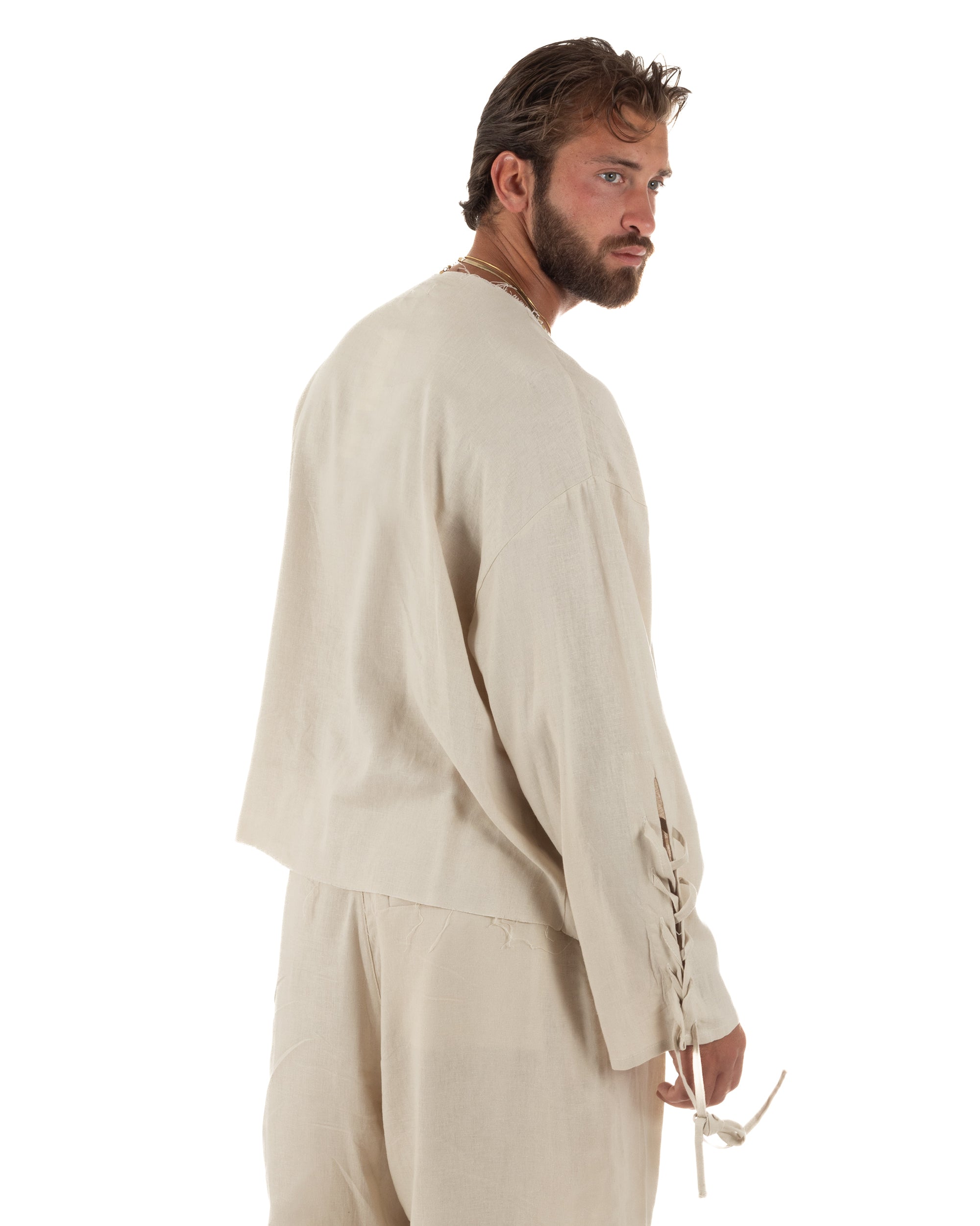 Camicia uomo casacca girocollo crop lino over fit taglio vivo beige GIOSAL-C3099A