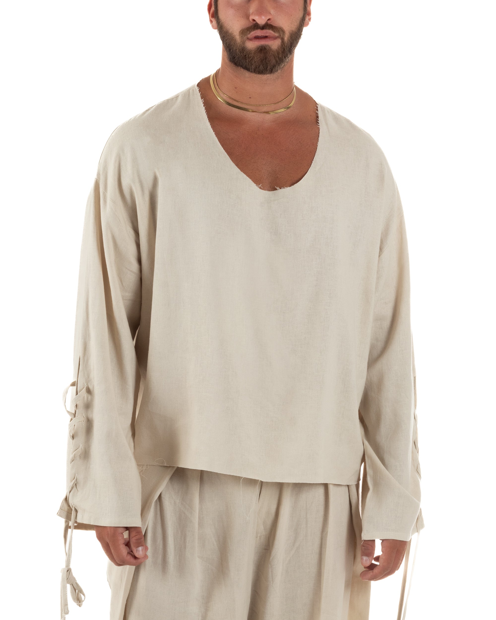 Camicia uomo casacca girocollo crop lino over fit taglio vivo beige GIOSAL-C3099A