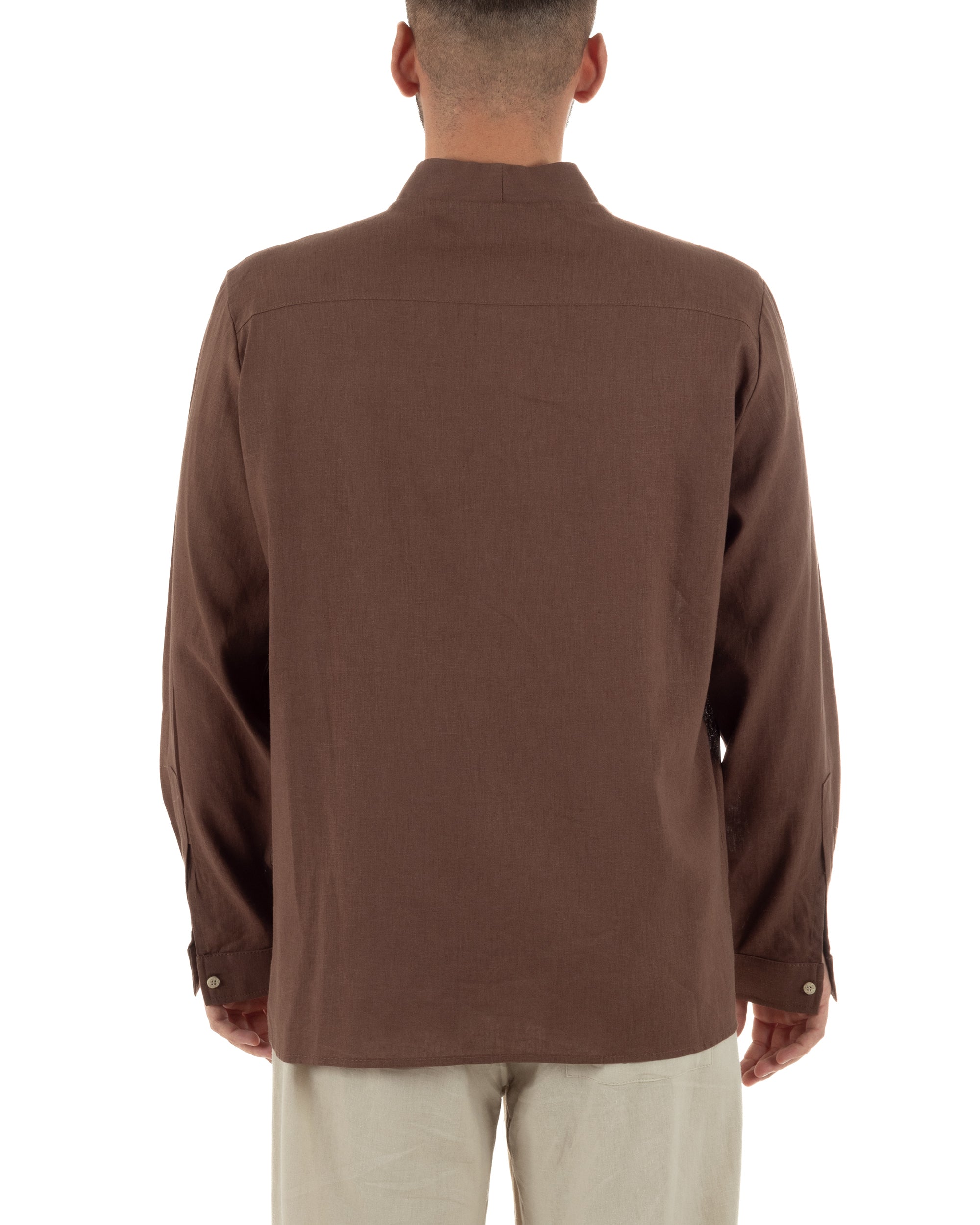 Camicia uomo in lino scollo v leggera marrone GIOSAL-C3100A