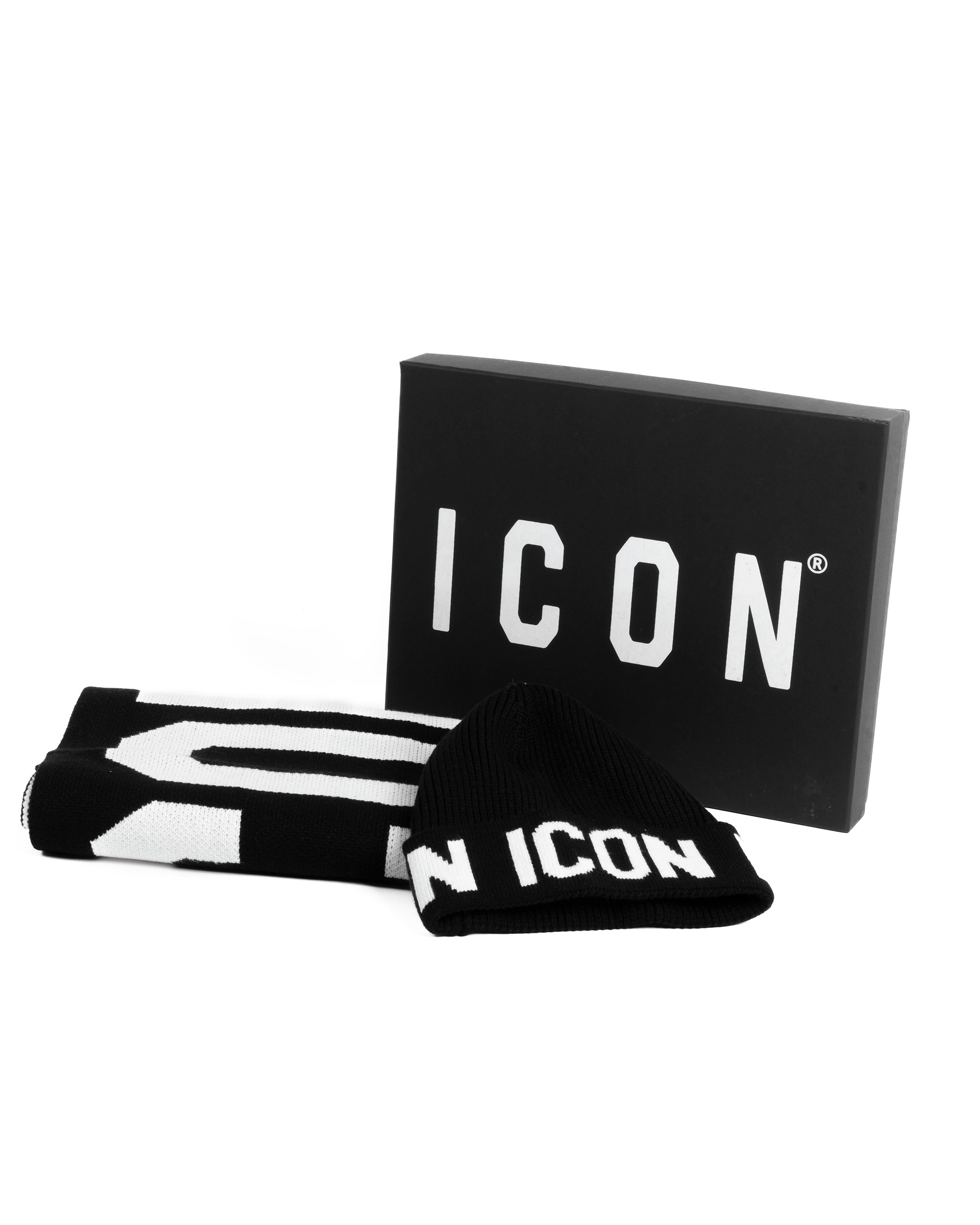 Set Sciarpa Cappello Zuccotto Logo Nero Bianco ICON ICXF2W6BOX3