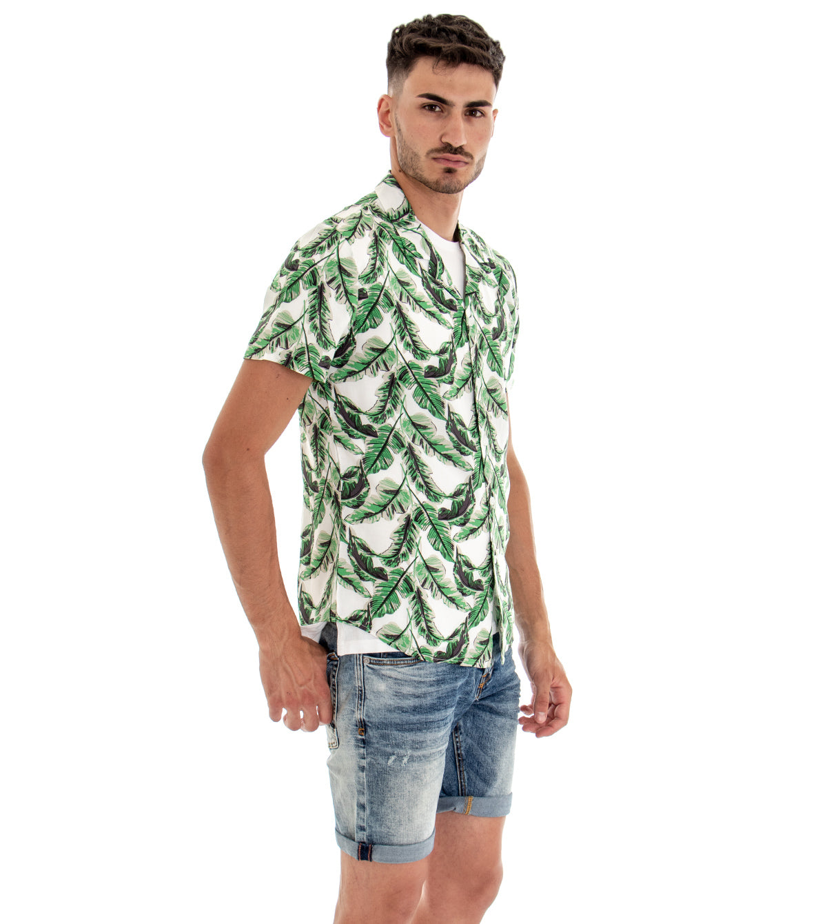 GIOSAL-CC1093A Herren-Kurzarmhemd mit weißem Kragen und Blattmuster