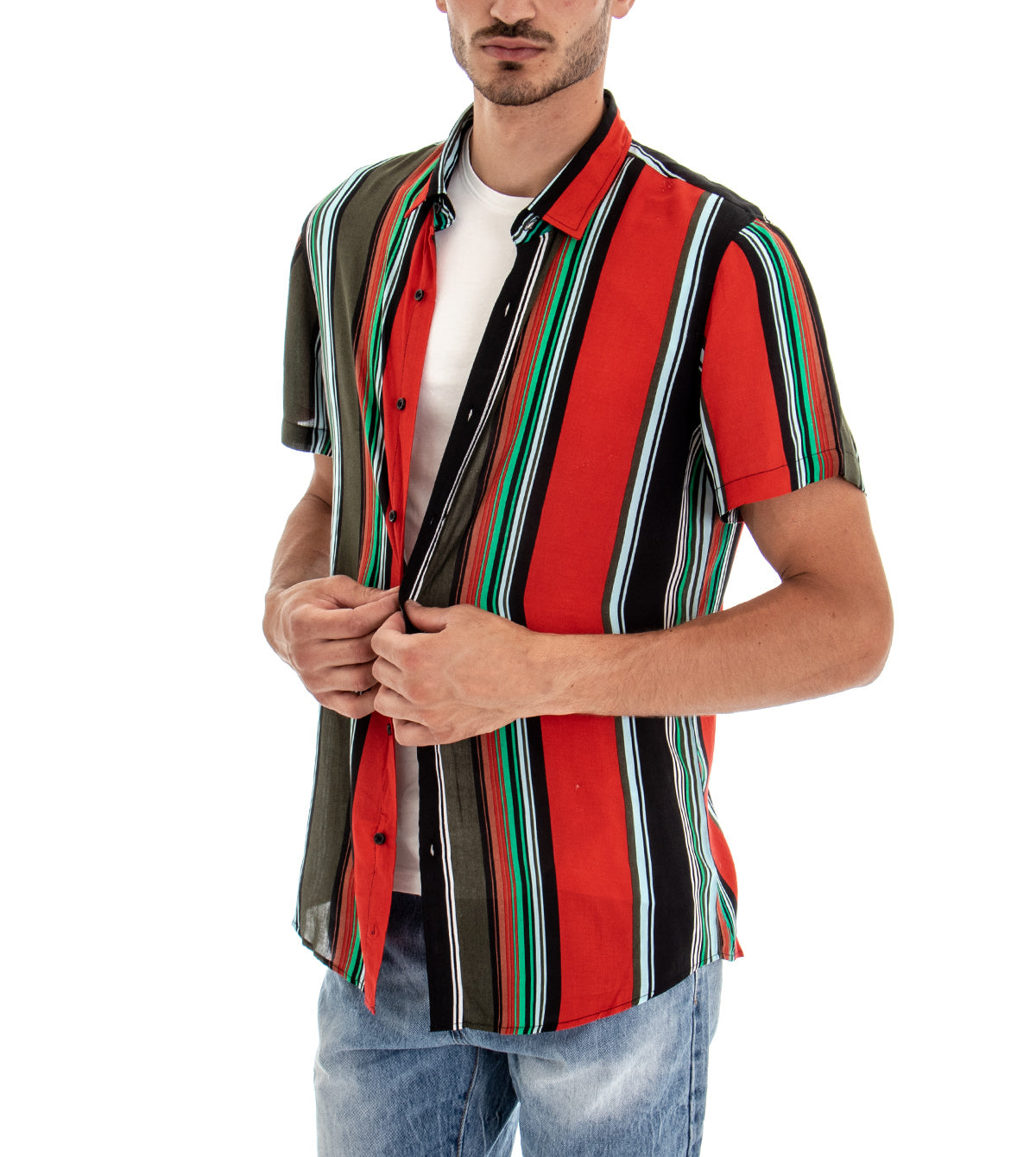 Camicia Manica Corta Uomo Fantasia Righe Rigata Colletto Rosso GIOSAL-CC1094A
