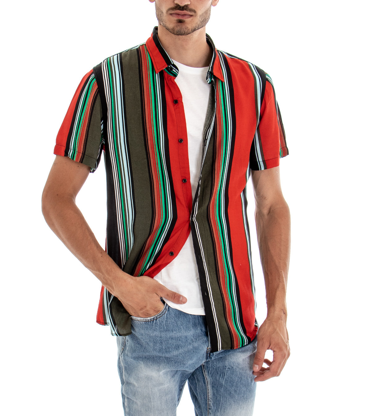 Camicia Manica Corta Uomo Fantasia Righe Rigata Colletto Rosso GIOSAL-CC1094A