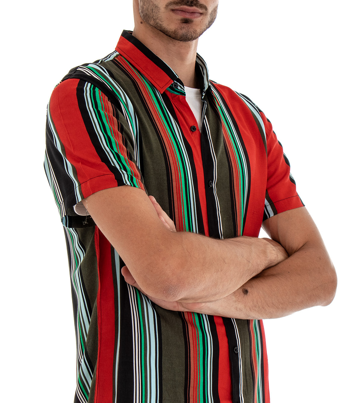 Camicia Manica Corta Uomo Fantasia Righe Rigata Colletto Rosso GIOSAL-CC1094A