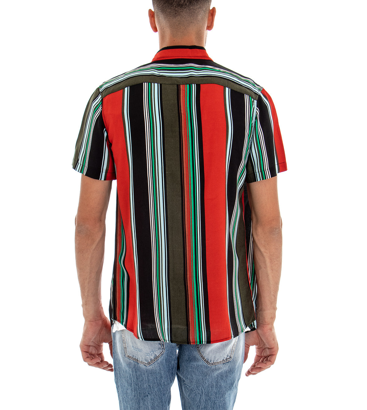 Camicia Manica Corta Uomo Fantasia Righe Rigata Colletto Rosso GIOSAL-CC1094A