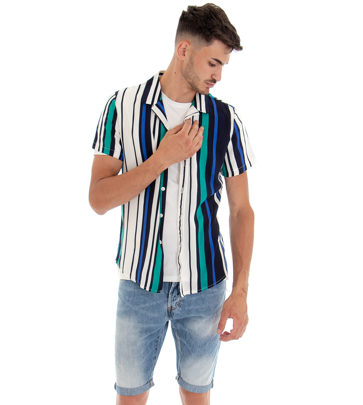 Camicia Manica Corta Uomo Fantasia Righe Rigata Colletto Verde Blu GIOSAL-CC1096A