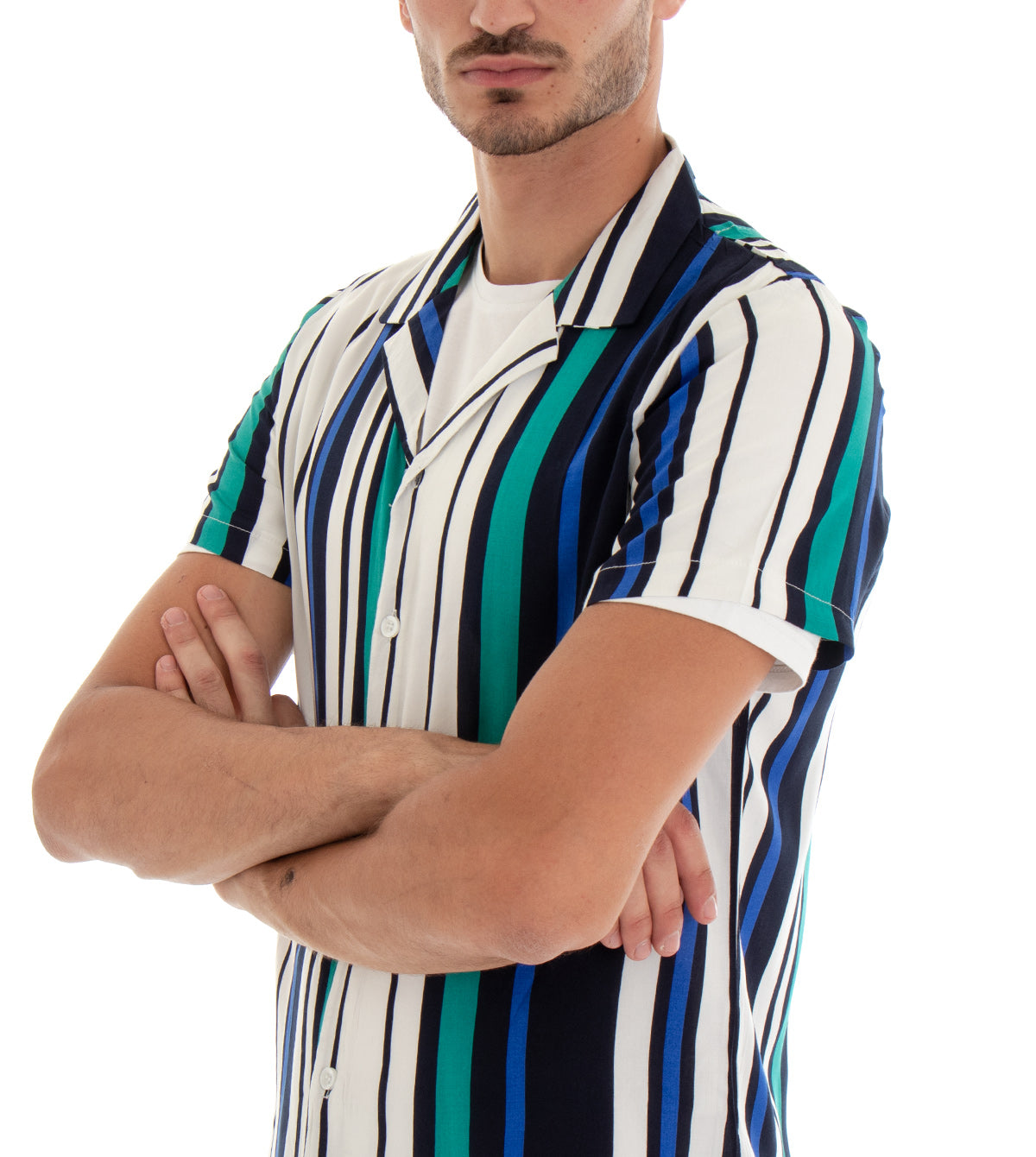 Camicia Manica Corta Uomo Fantasia Righe Rigata Colletto Verde Blu GIOSAL-CC1096A