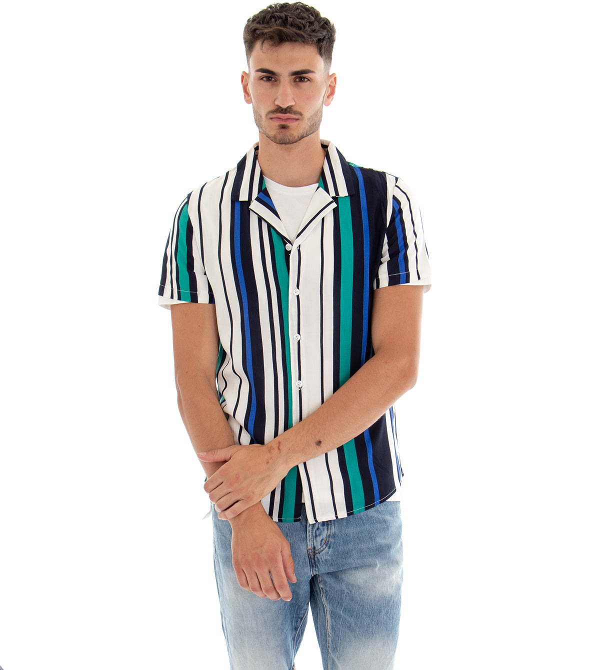 Camicia Manica Corta Uomo Fantasia Righe Rigata Colletto Verde Blu GIOSAL-CC1096A