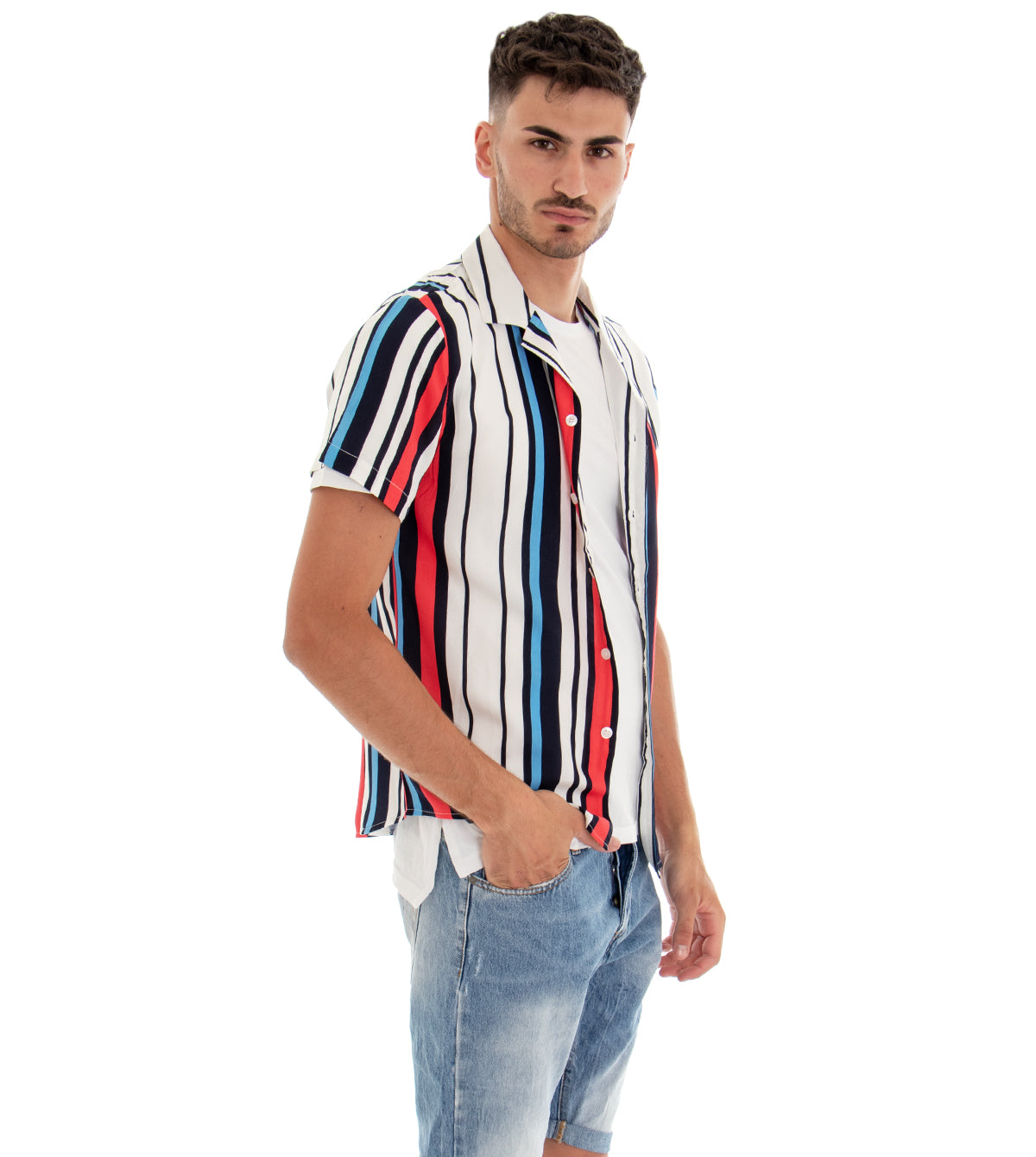 Camicia Manica Corta Uomo Fantasia Righe Rigata Colletto Bianco Blu GIOSAL-CC1097A
