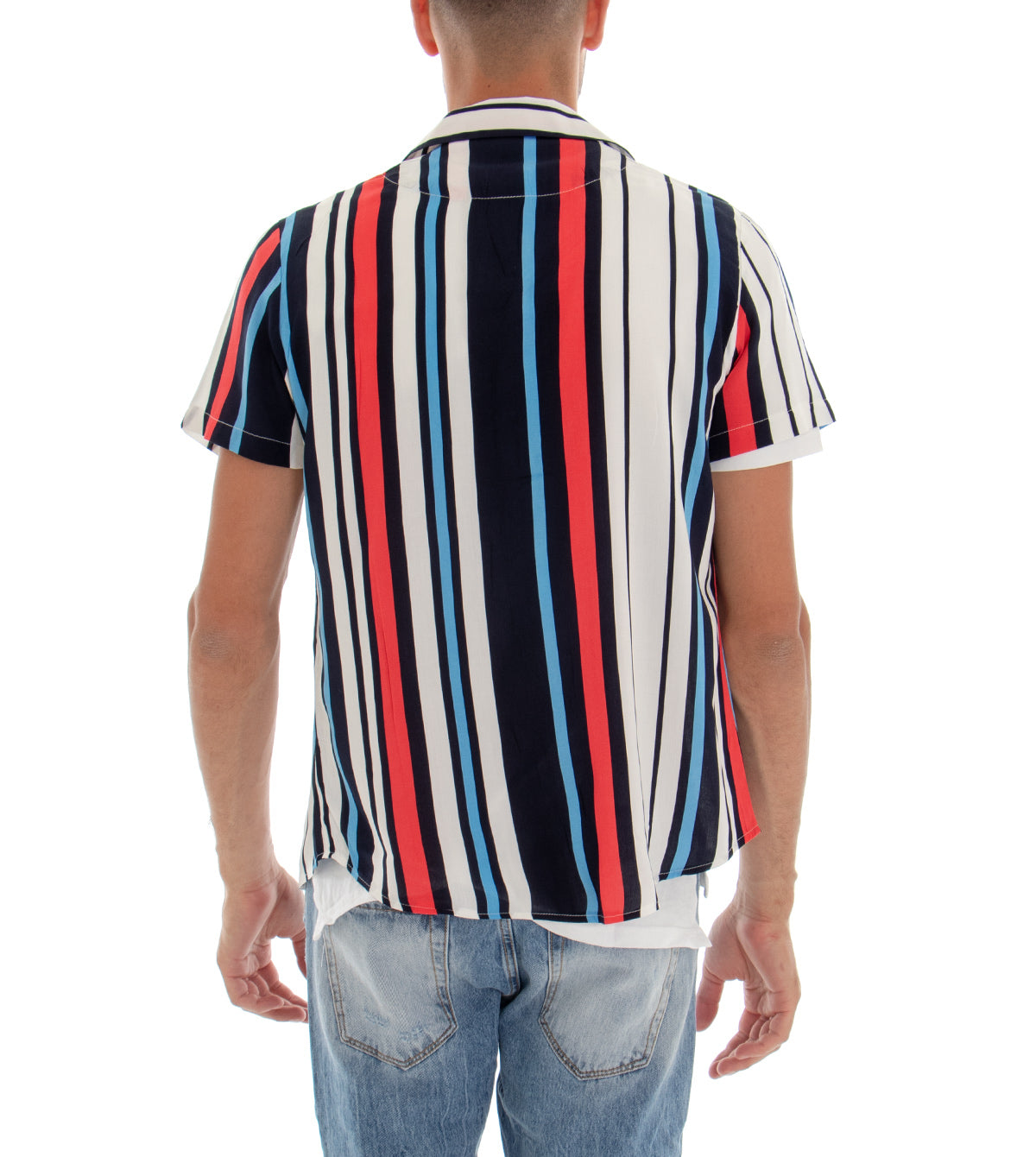 Camicia Manica Corta Uomo Fantasia Righe Rigata Colletto Bianco Blu GIOSAL-CC1097A