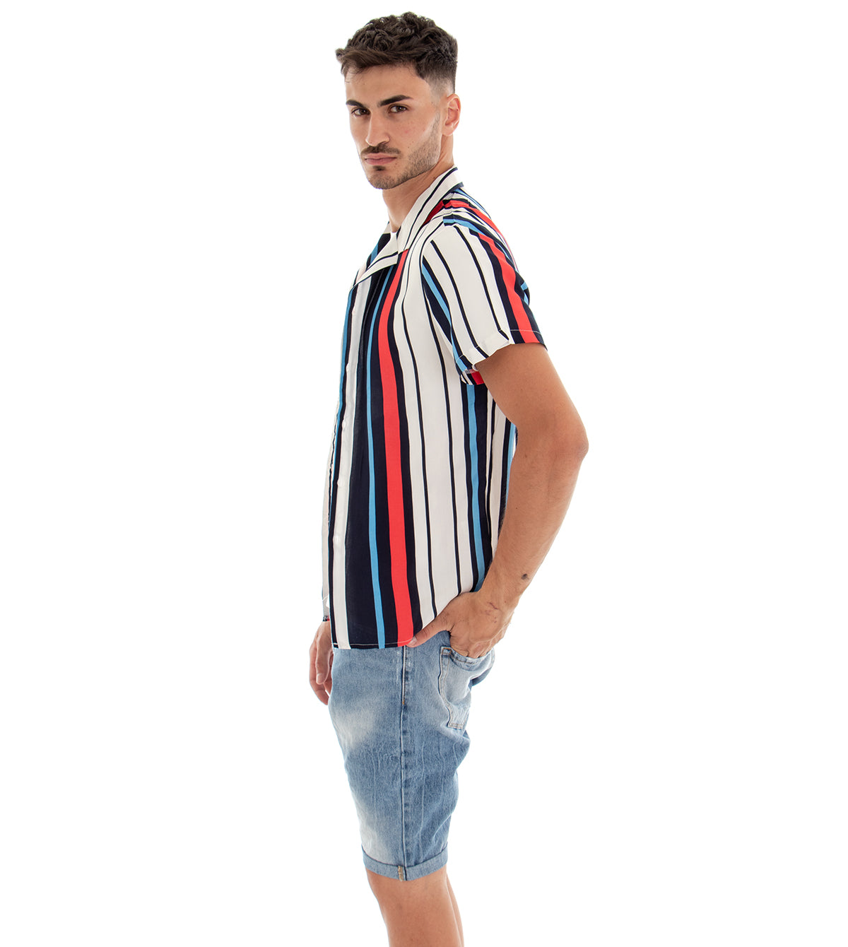 Camicia Manica Corta Uomo Fantasia Righe Rigata Colletto Bianco Blu GIOSAL-CC1097A