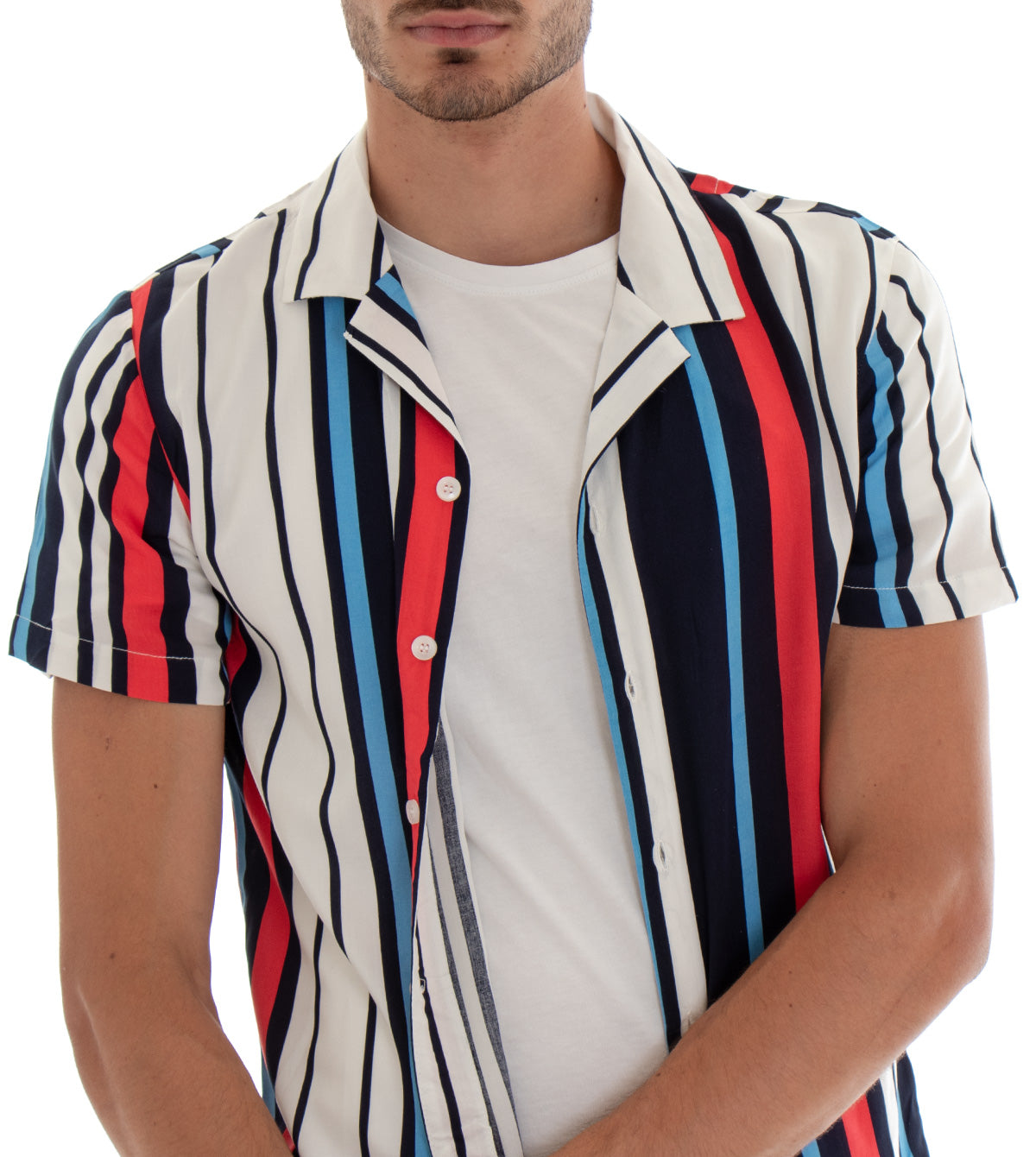 Camicia Manica Corta Uomo Fantasia Righe Rigata Colletto Bianco Blu GIOSAL-CC1097A