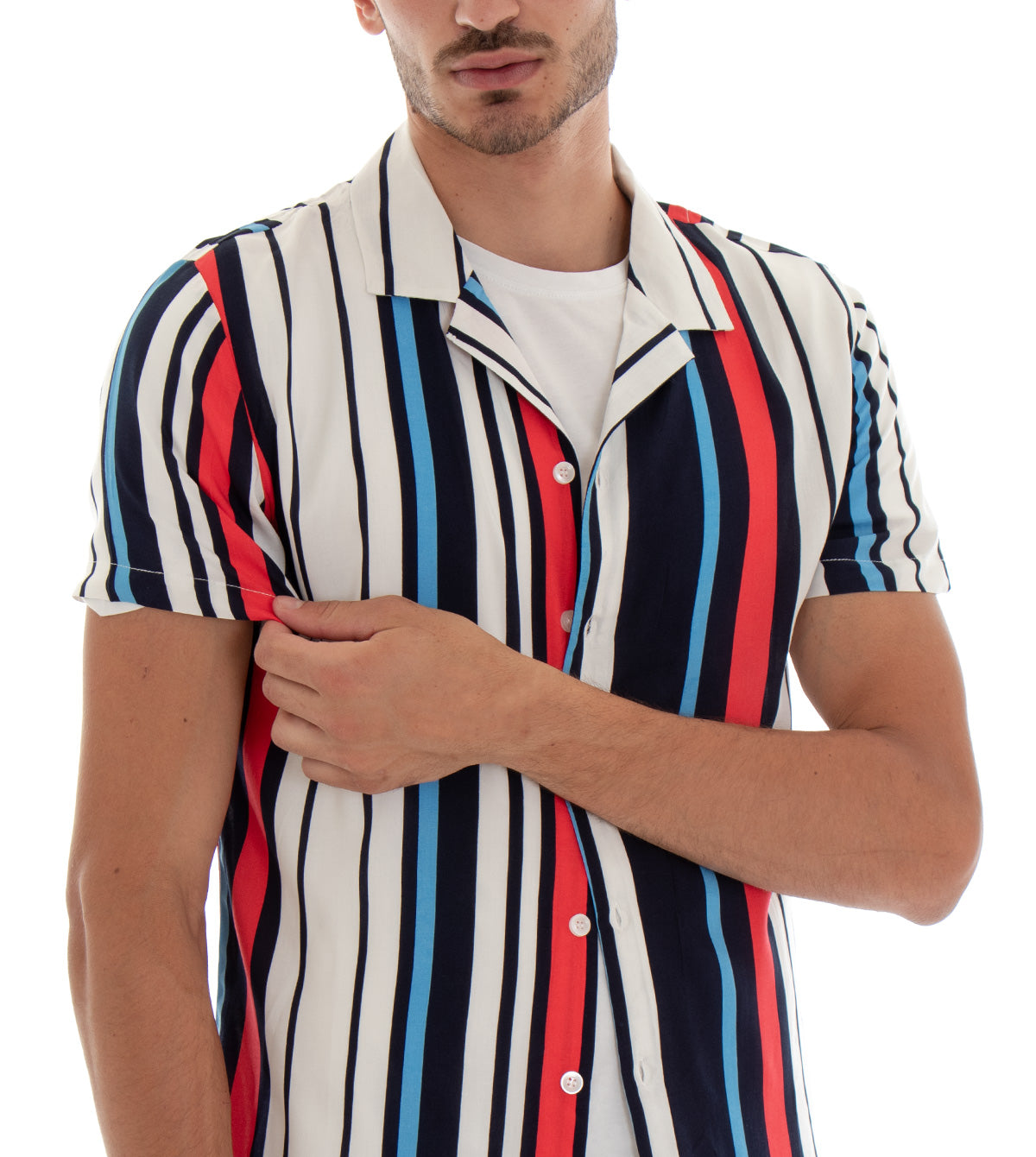 Camicia Manica Corta Uomo Fantasia Righe Rigata Colletto Bianco Blu GIOSAL-CC1097A