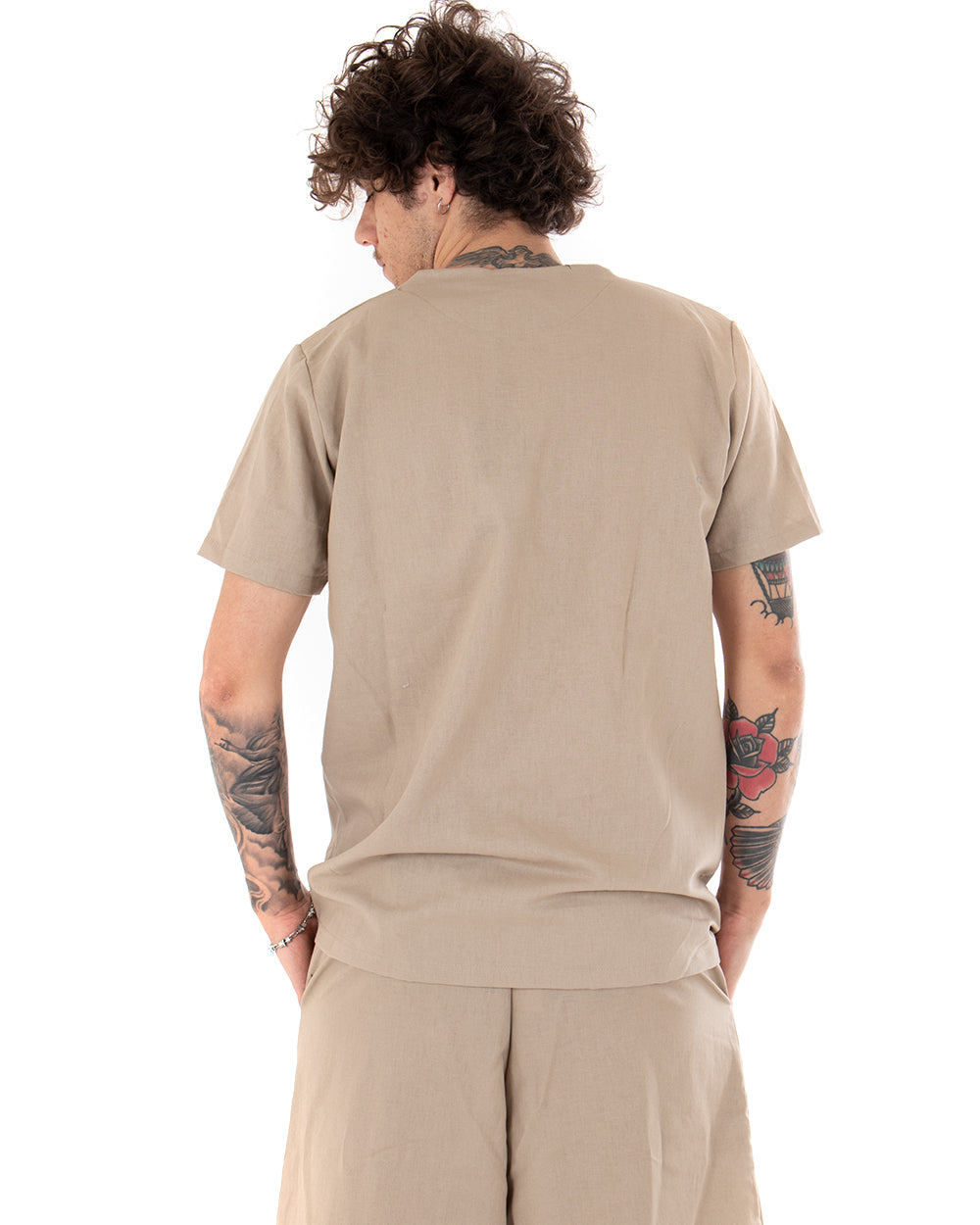 Camicia Uomo Tinta Unita Manica Corta Beige Serafino Girocollo Casual GIOSAL-CC1131A