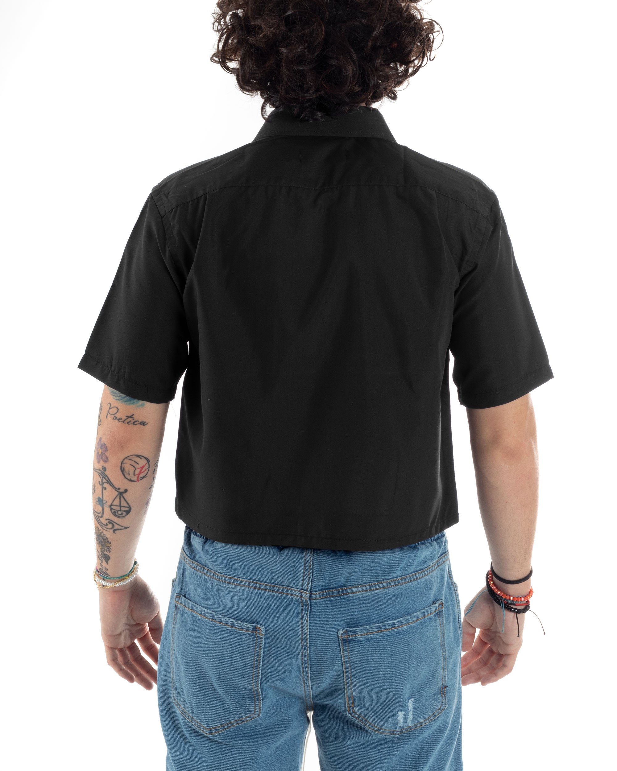 Camicia Maniche Corte Uomo Cropped Tinta Unita Nera Boxy Fit Casual GIOSAL-CC1175A