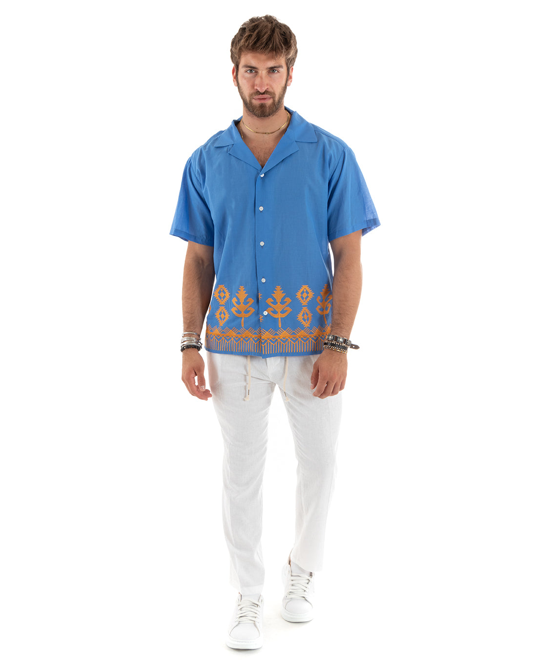 Camicia Manica Corta Uomo Con Colletto Bordi Ricamati Blu Royal Regular GIOSAL-CC1186A