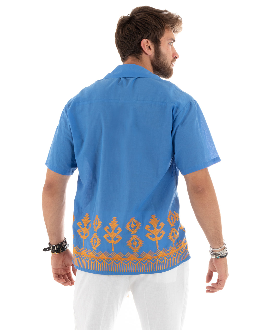 Camicia Manica Corta Uomo Con Colletto Bordi Ricamati Blu Royal Regular GIOSAL-CC1186A