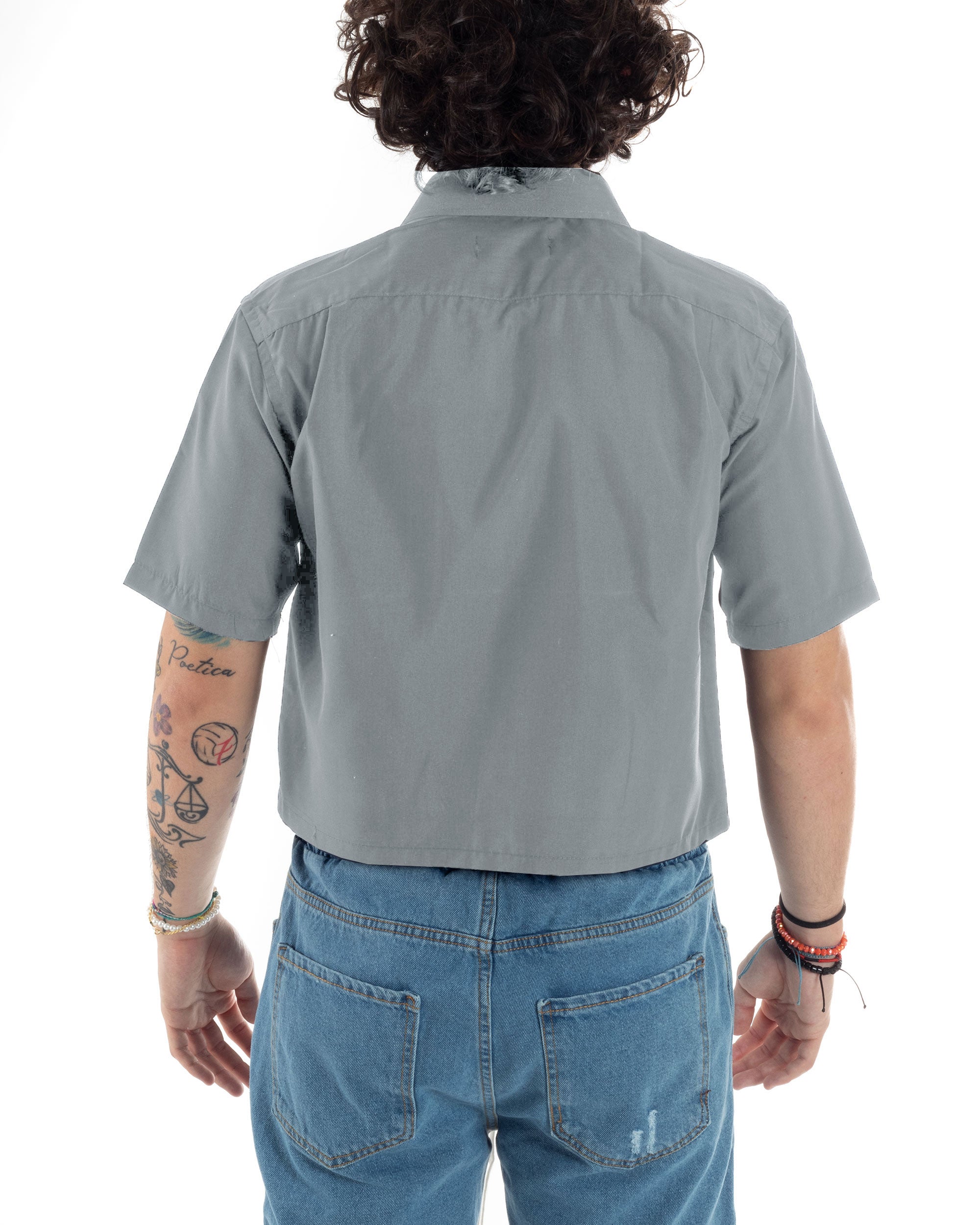 Camicia Maniche Corte Uomo Cropped Tinta Unita Grigio Boxy Fit Casual GIOSAL-CC1193A