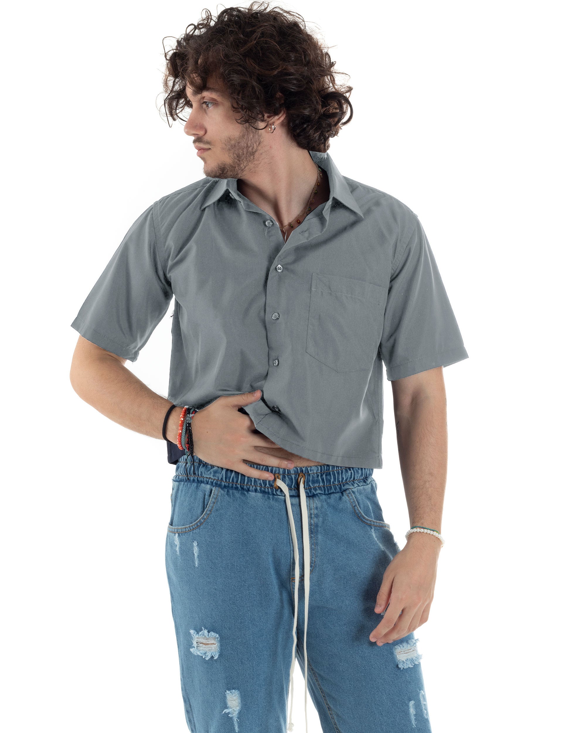 Camicia Maniche Corte Uomo Cropped Tinta Unita Grigio Boxy Fit Casual GIOSAL-CC1193A