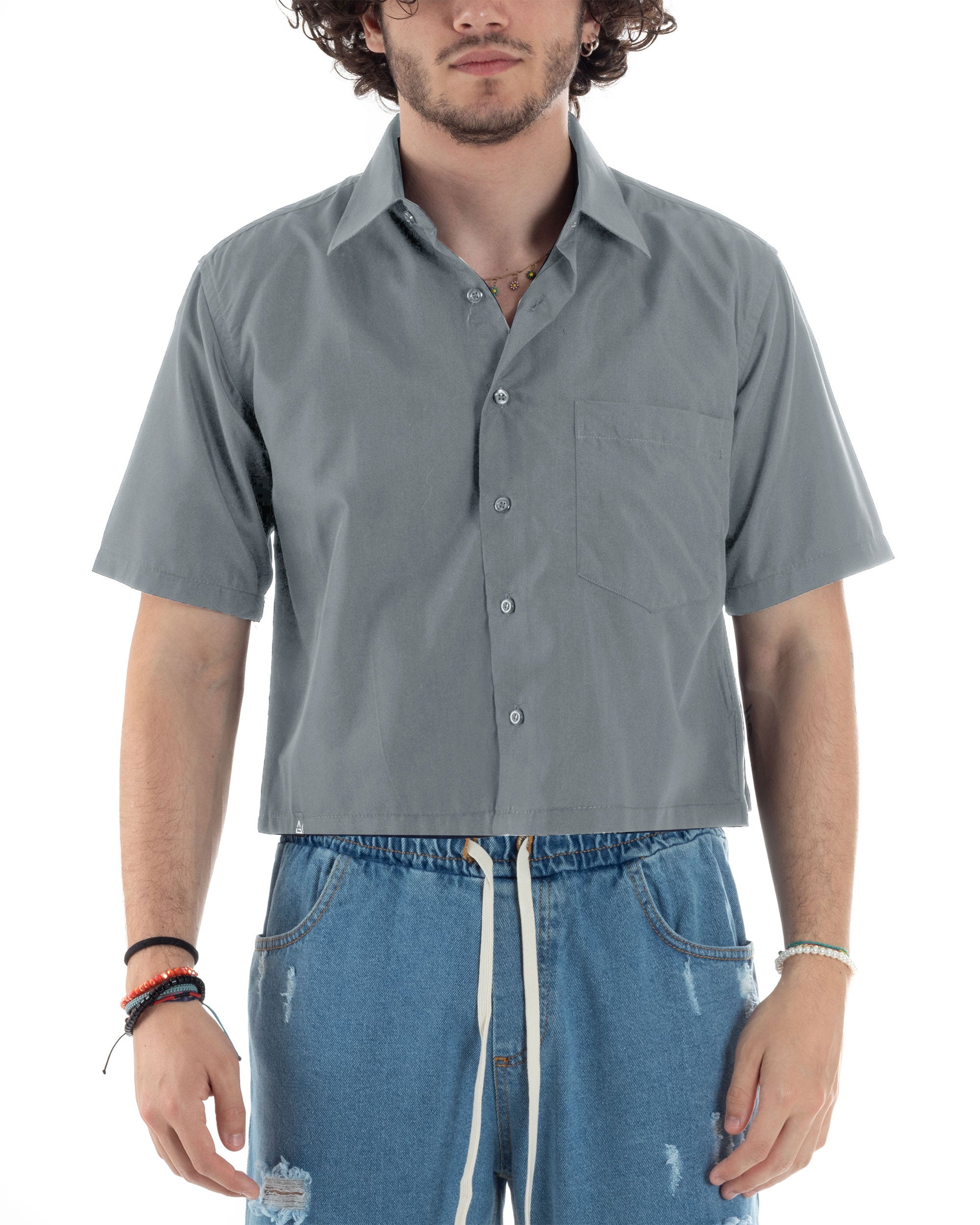 Camicia Maniche Corte Uomo Cropped Tinta Unita Grigio Boxy Fit Casual GIOSAL-CC1193A