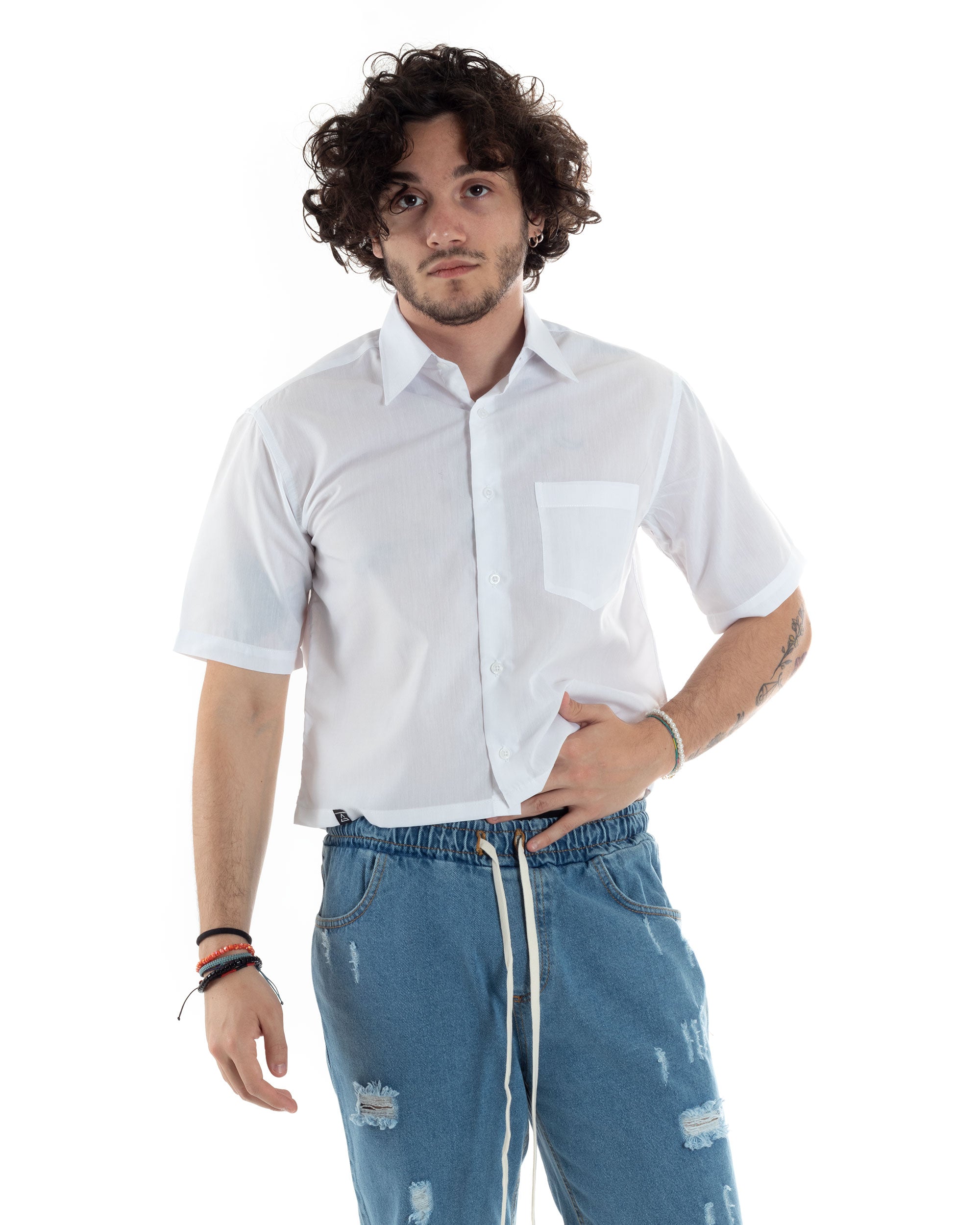 Camicia Uomo Maniche Corte Cropped Tinta Unita Bianco Boxy Fit Casual GIOSAL-CC1195A