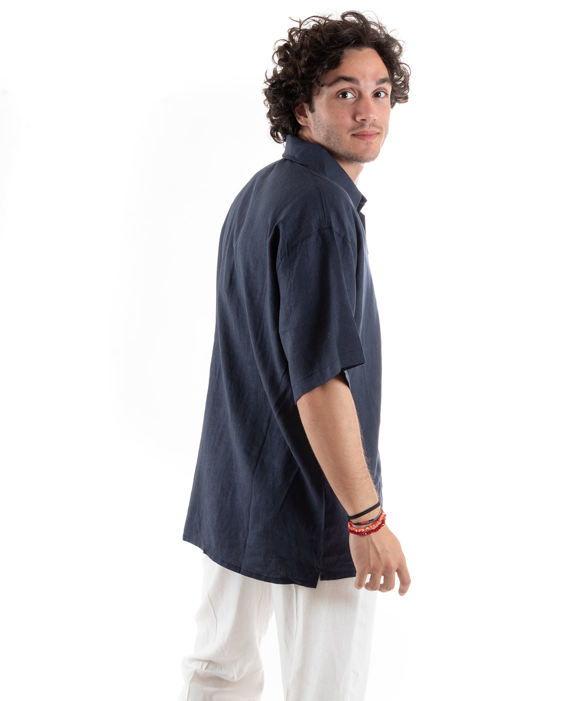 Camicia Uomo Colletto Maniche Corte Tinta Unita Lino Casual Basic Blu GIOSAL-CC1196A