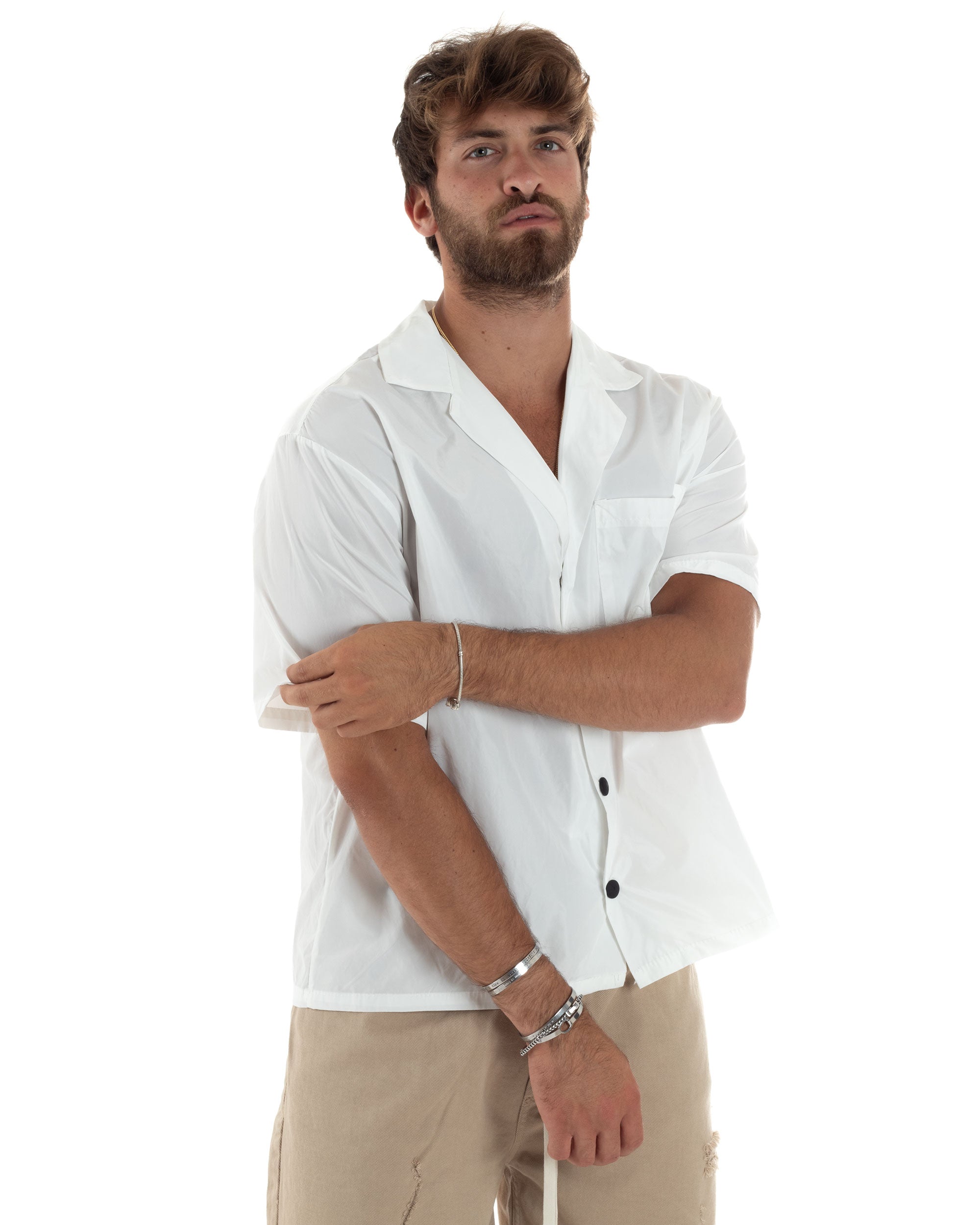 Camicia Uomo Mezze Maniche Nylon Casual Colletto Bowling Collo Con Rever Boxy Fit Tinta Unita Bianco GIOSAL-CC1206A