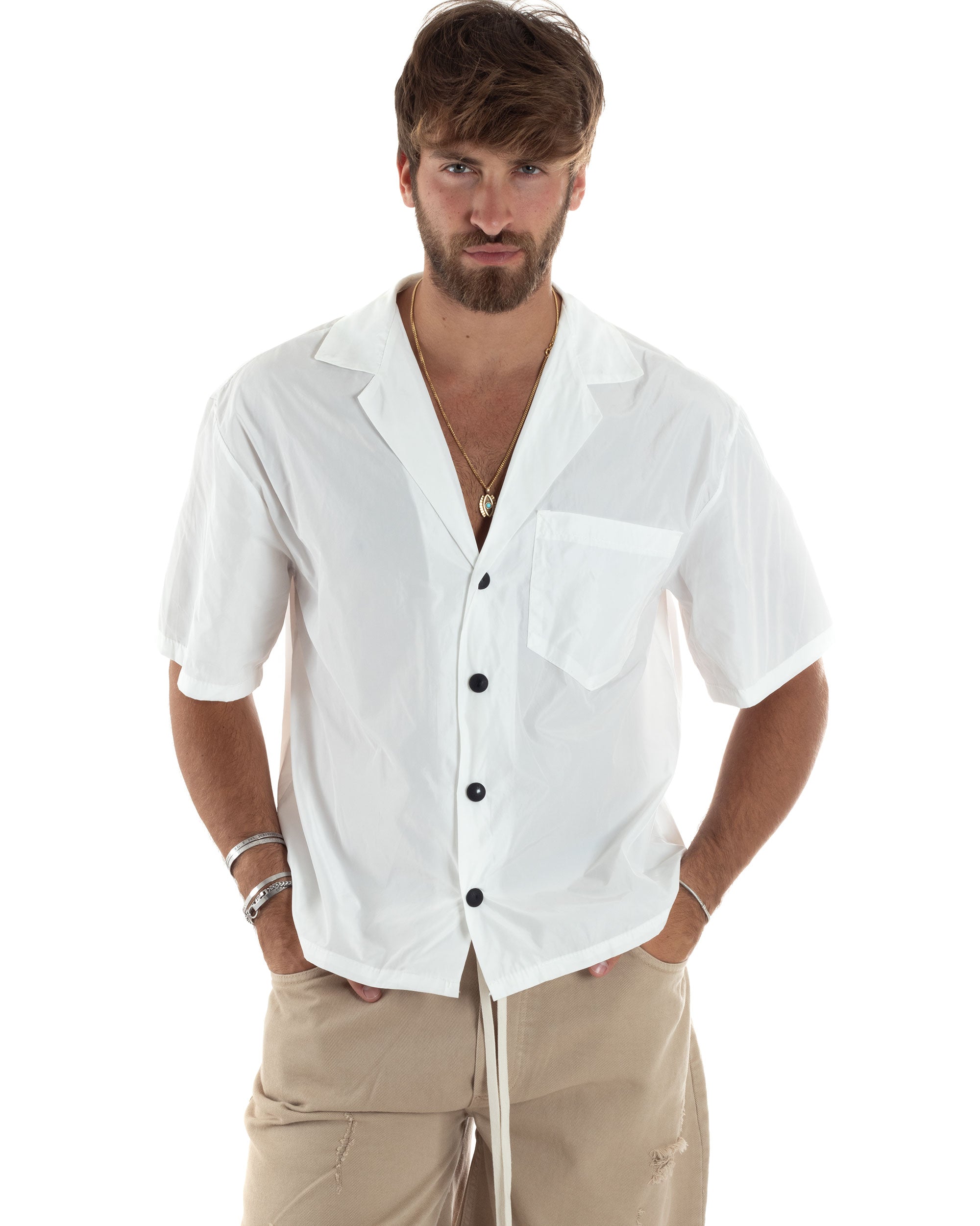 Camicia Uomo Mezze Maniche Nylon Casual Colletto Bowling Collo Con Rever Boxy Fit Tinta Unita Bianco GIOSAL-CC1206A