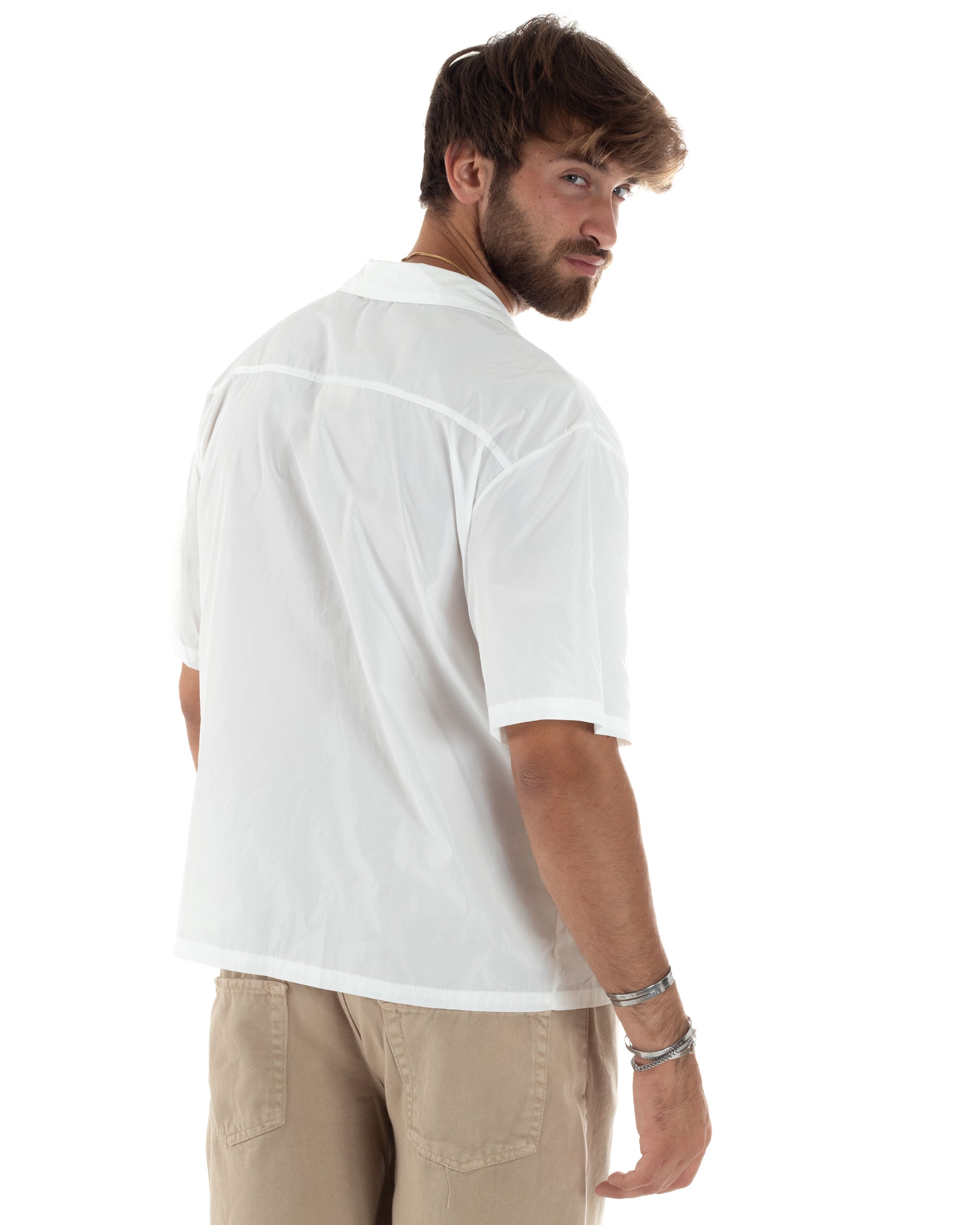 Camicia Uomo Mezze Maniche Nylon Casual Colletto Bowling Collo Con Rever Boxy Fit Tinta Unita Bianco GIOSAL-CC1206A