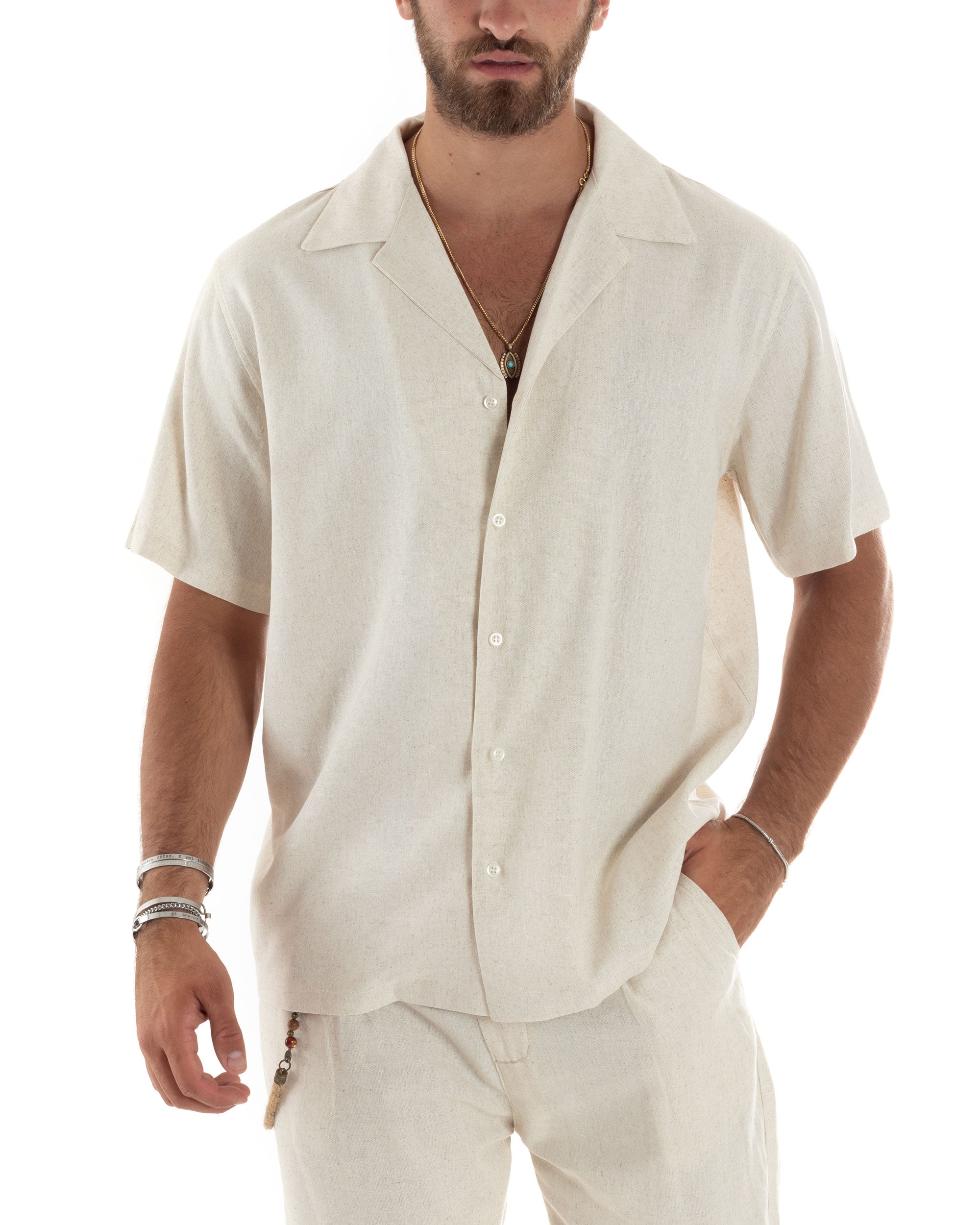 Camicia Uomo Lino Mezze Maniche Con Bottoncini Colletto Bowling Collo