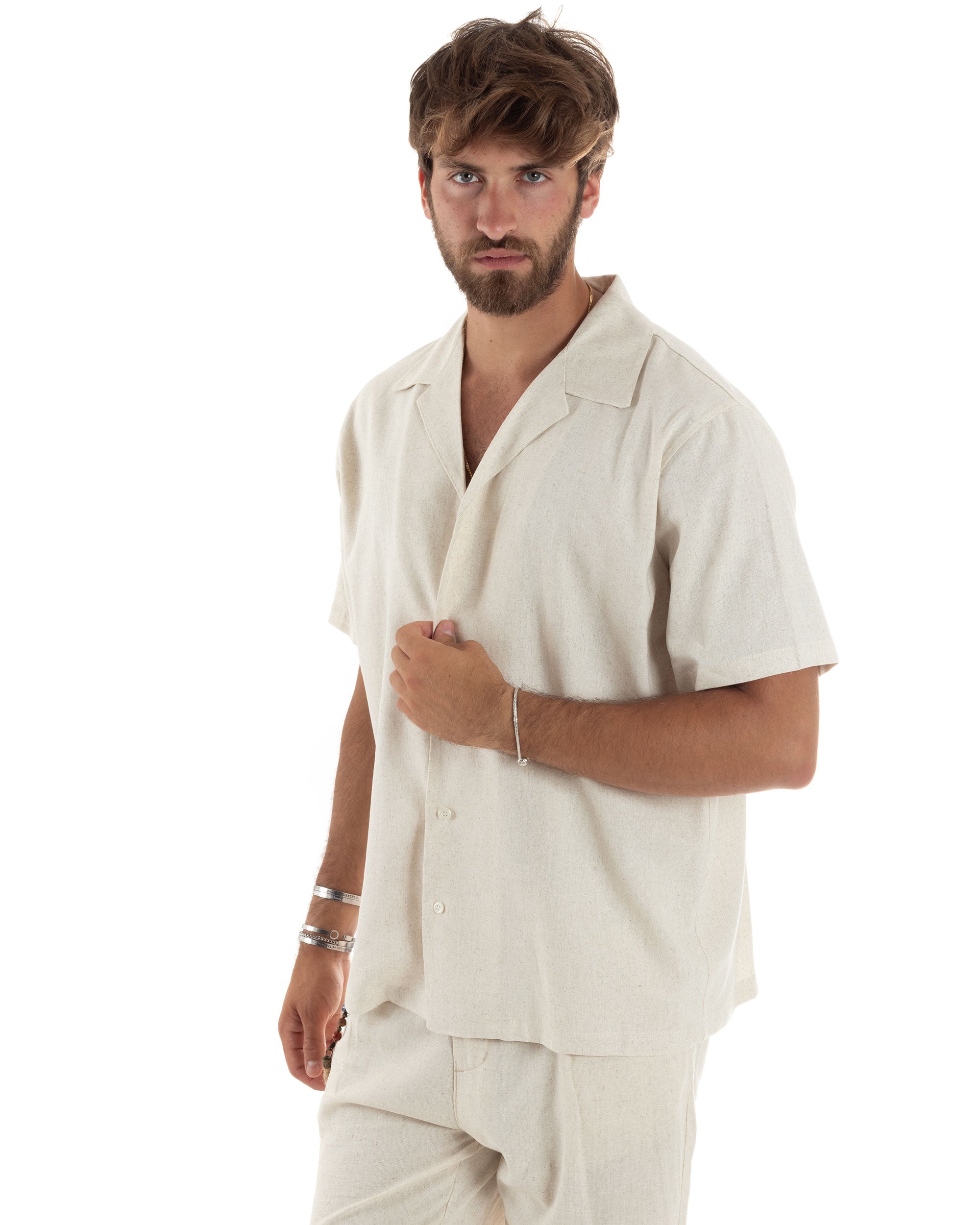 Camicia Uomo Lino Mezze Maniche Con Bottoncini Colletto Bowling Collo Con Rever Casual Boxy Fit Tinta Unita Beige GIOSAL-CC1208A