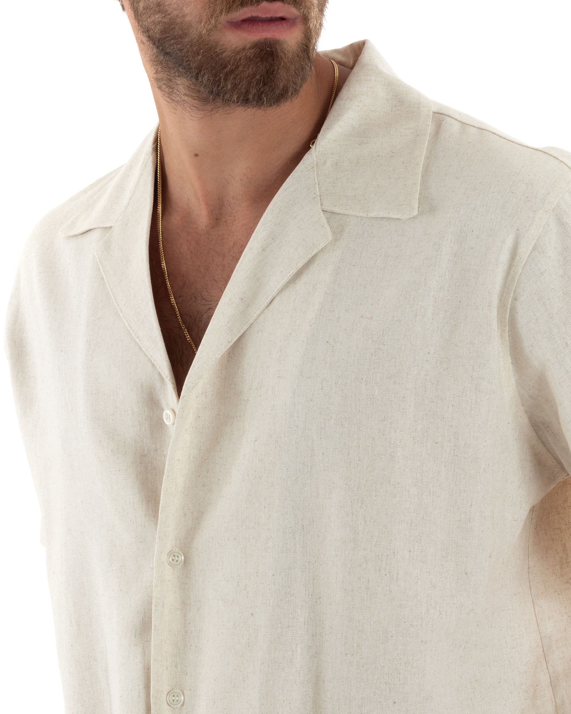 Camicia Uomo Lino Mezze Maniche Con Bottoncini Colletto Bowling Collo Con Rever Casual Boxy Fit Tinta Unita Beige GIOSAL-CC1208A