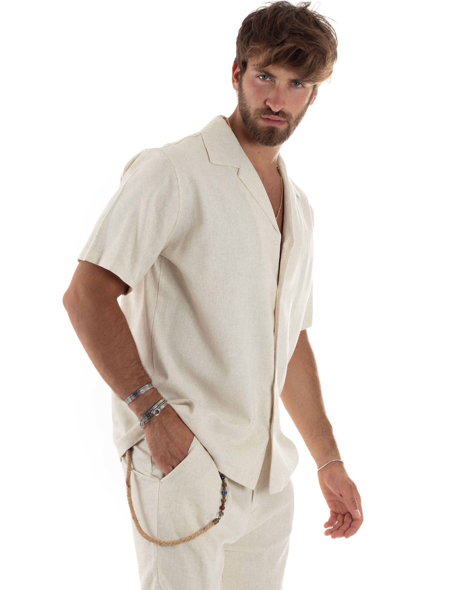 Camicia Uomo Lino Mezze Maniche Con Bottoncini Colletto Bowling Collo Con Rever Casual Boxy Fit Tinta Unita Beige GIOSAL-CC1208A