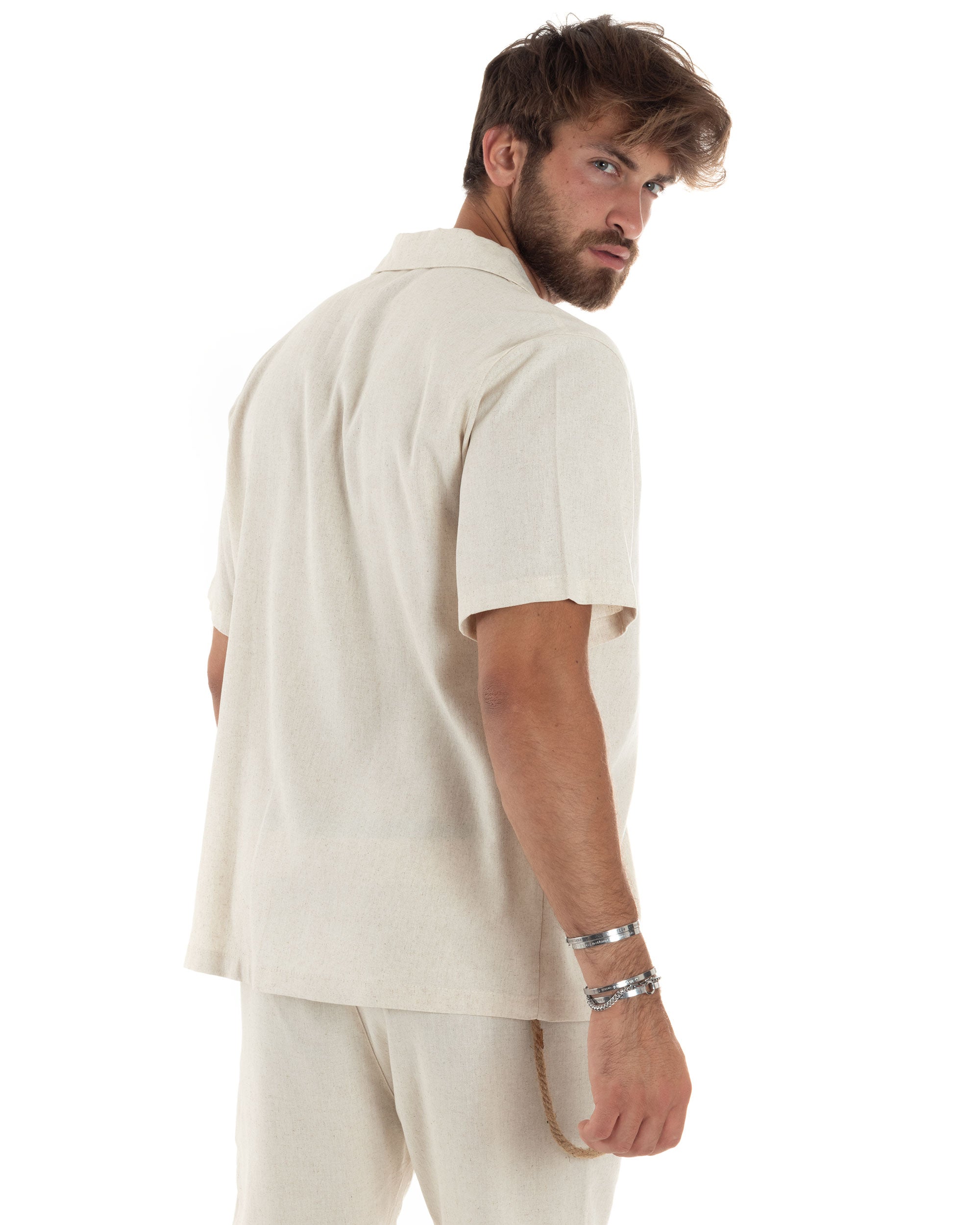 Camicia Uomo Lino Mezze Maniche Con Bottoncini Colletto Bowling Collo Con Rever Casual Boxy Fit Tinta Unita Beige GIOSAL-CC1208A