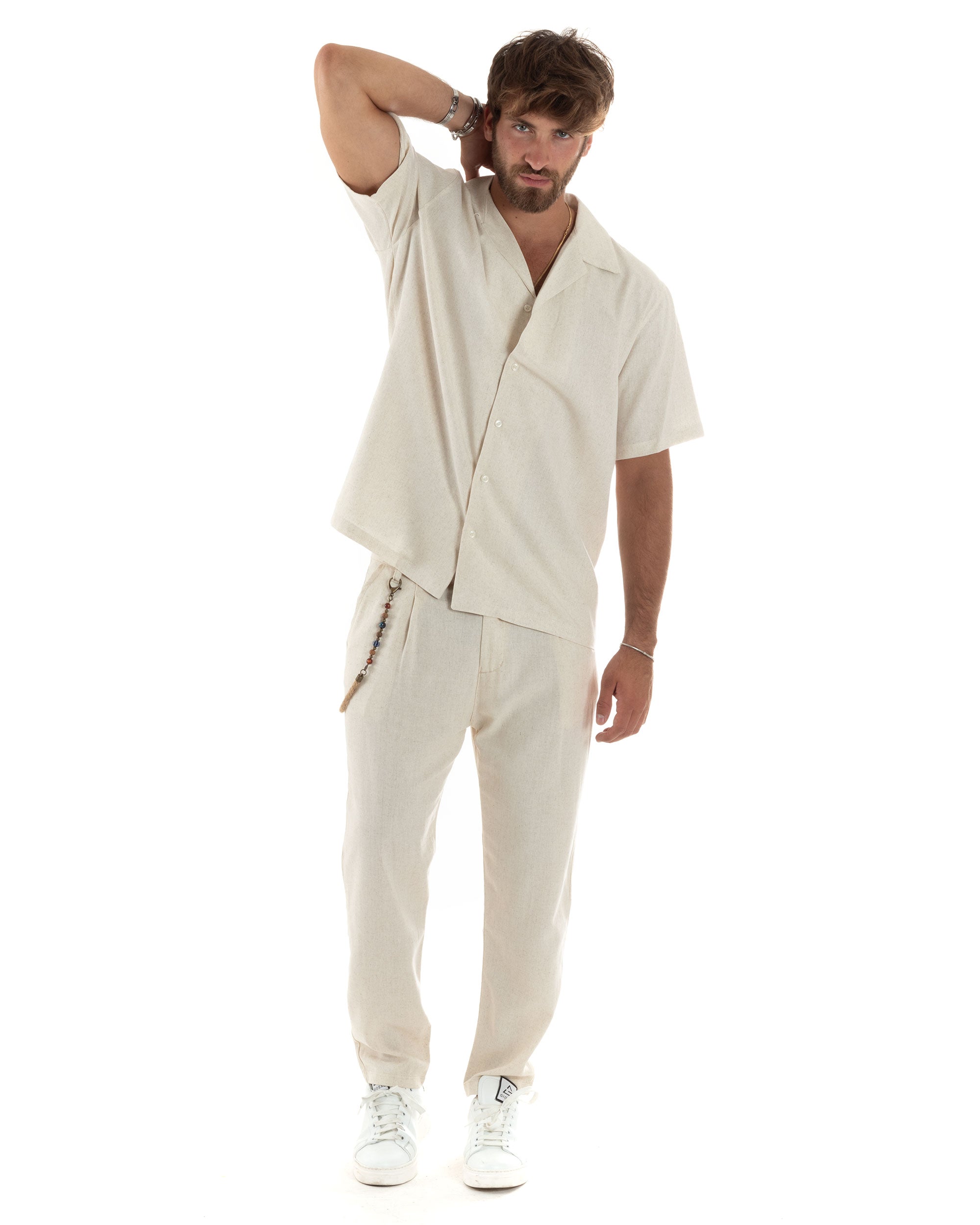 Camicia Uomo Lino Mezze Maniche Con Bottoncini Colletto Bowling Collo Con Rever Casual Boxy Fit Tinta Unita Beige GIOSAL-CC1208A