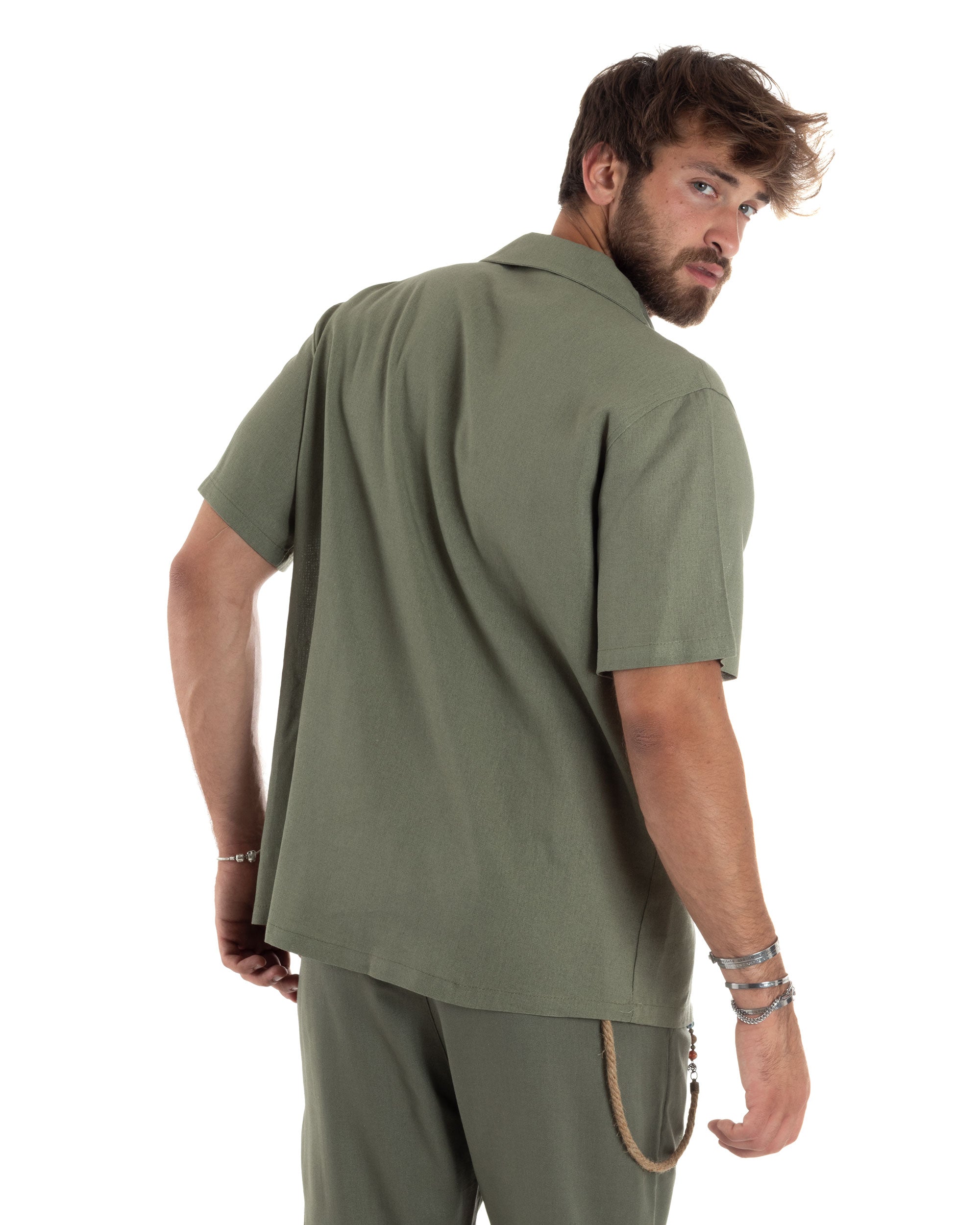 Camicia Uomo Lino Mezze Maniche Con Bottoncini Colletto Bowling Collo Con Rever Casual Boxy Fit Tinta Unita Verde GIOSAL-CC1209A