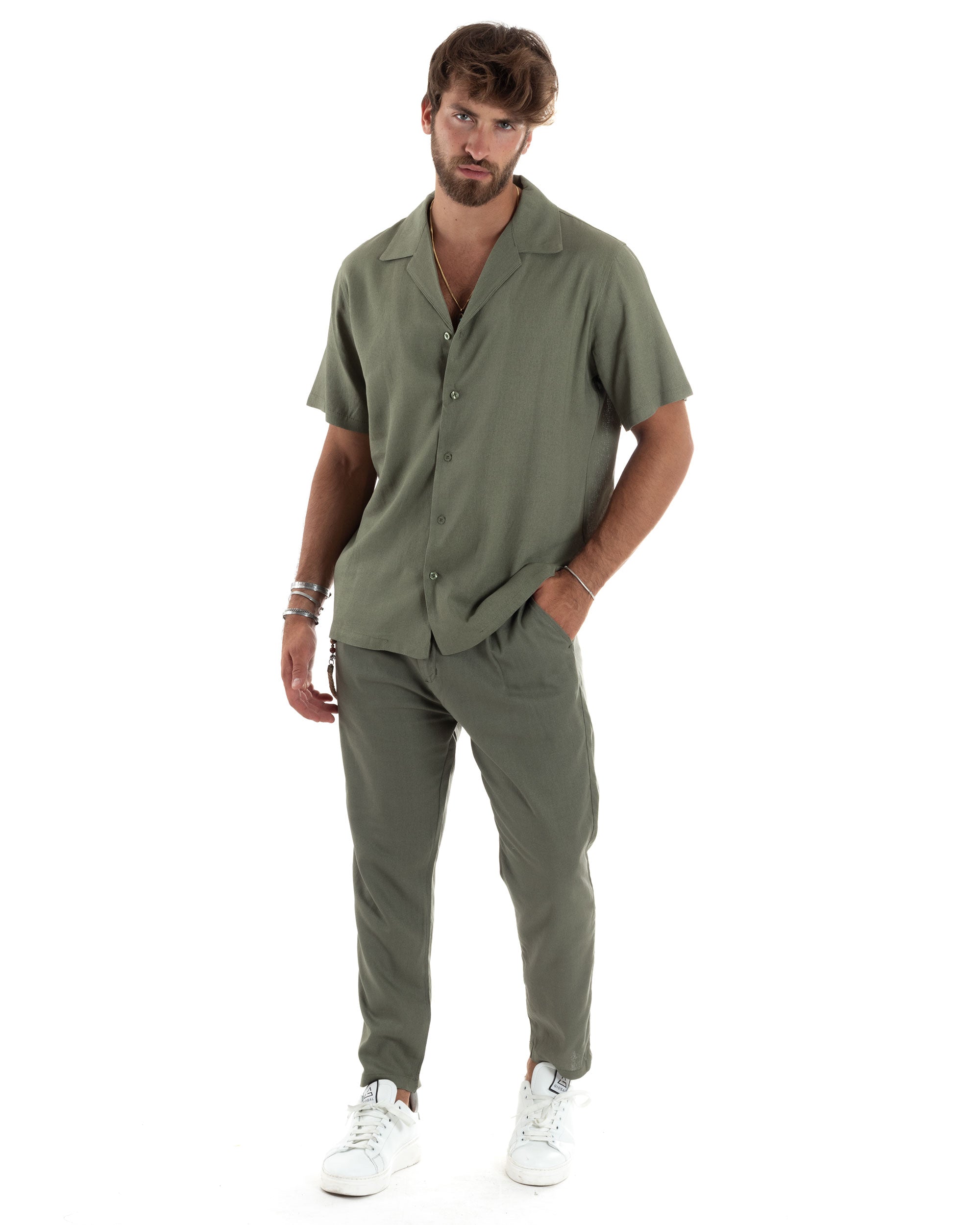 Camicia Uomo Lino Mezze Maniche Con Bottoncini Colletto Bowling Collo Con Rever Casual Boxy Fit Tinta Unita Verde GIOSAL-CC1209A