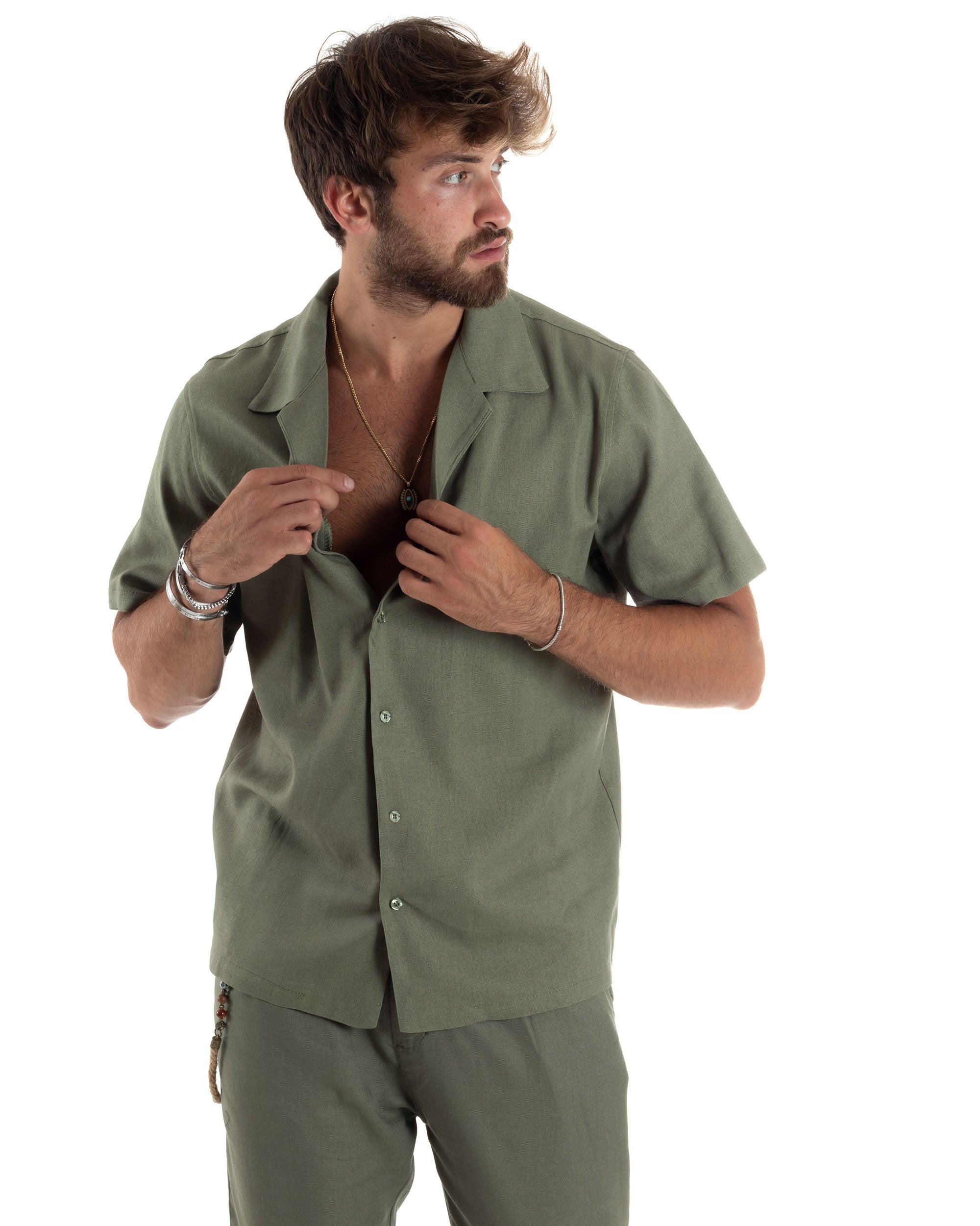Camicia Uomo Lino Mezze Maniche Con Bottoncini Colletto Bowling Collo Con Rever Casual Boxy Fit Tinta Unita Verde GIOSAL-CC1209A